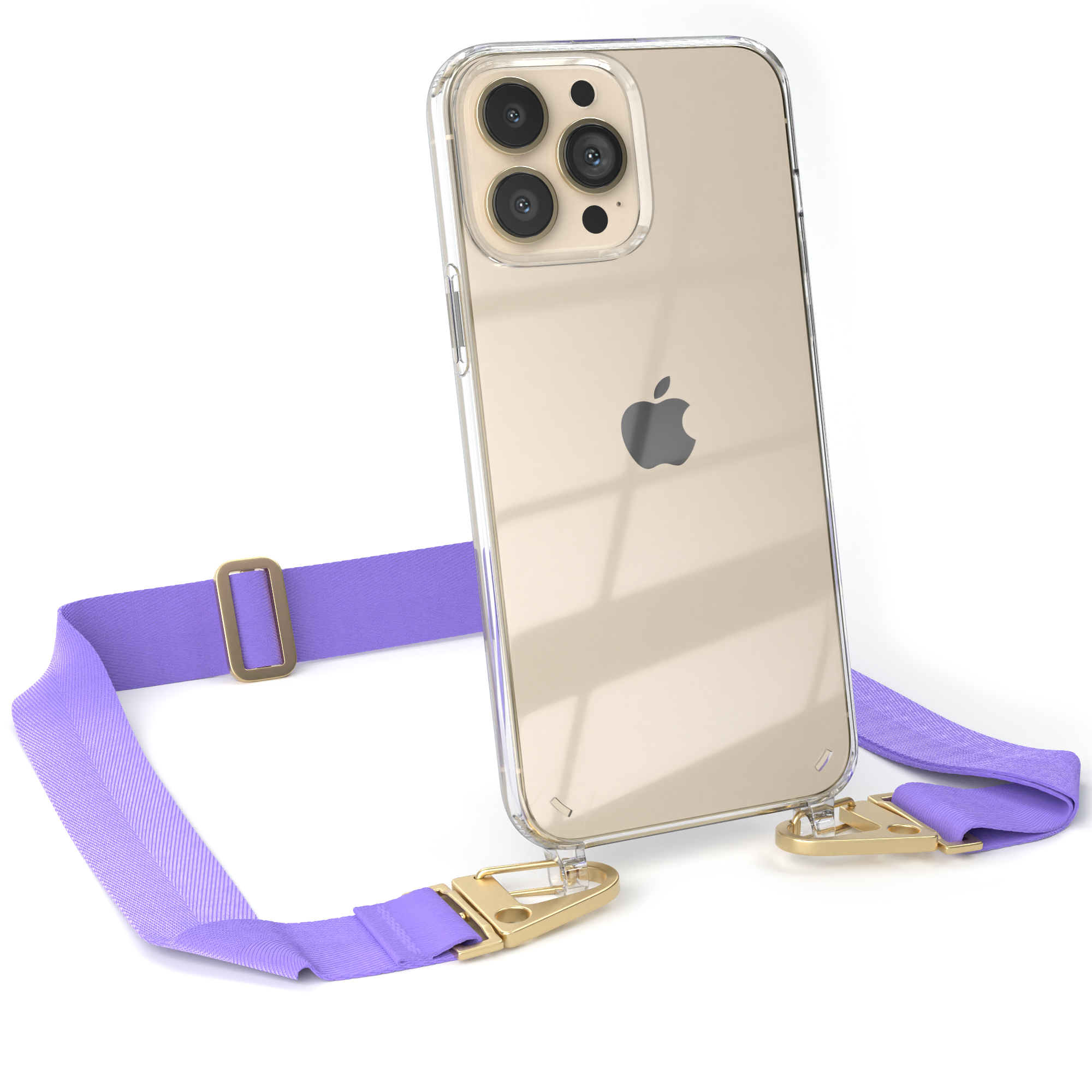 Transparente Handyhülle mit lila Riemen. Das Telefon hat drei Kameras und ein Apple-Logo.