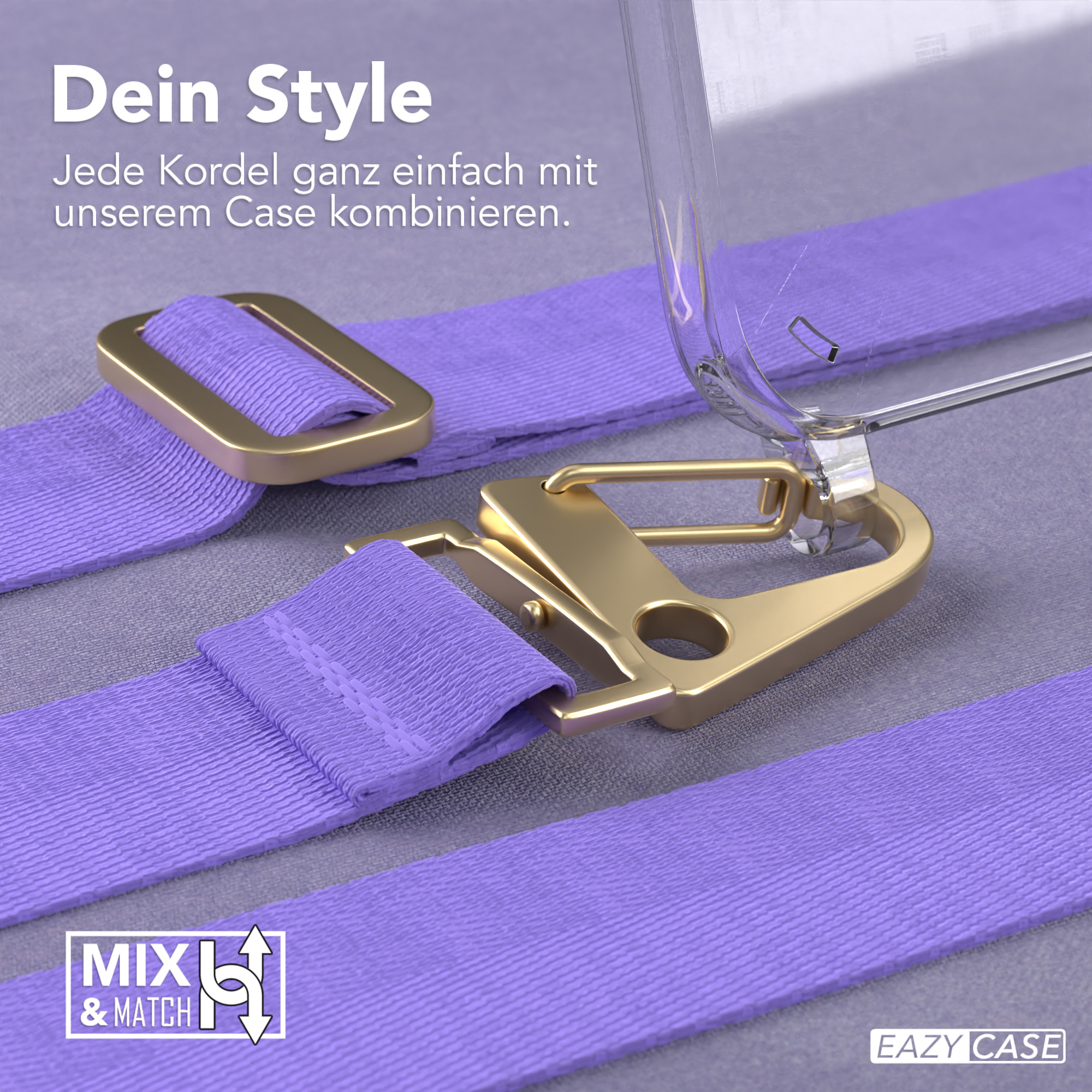 Ein lila Schlüsselband mit goldenem Verschluss und eine transparente Handyhülle mit lila Riemen.