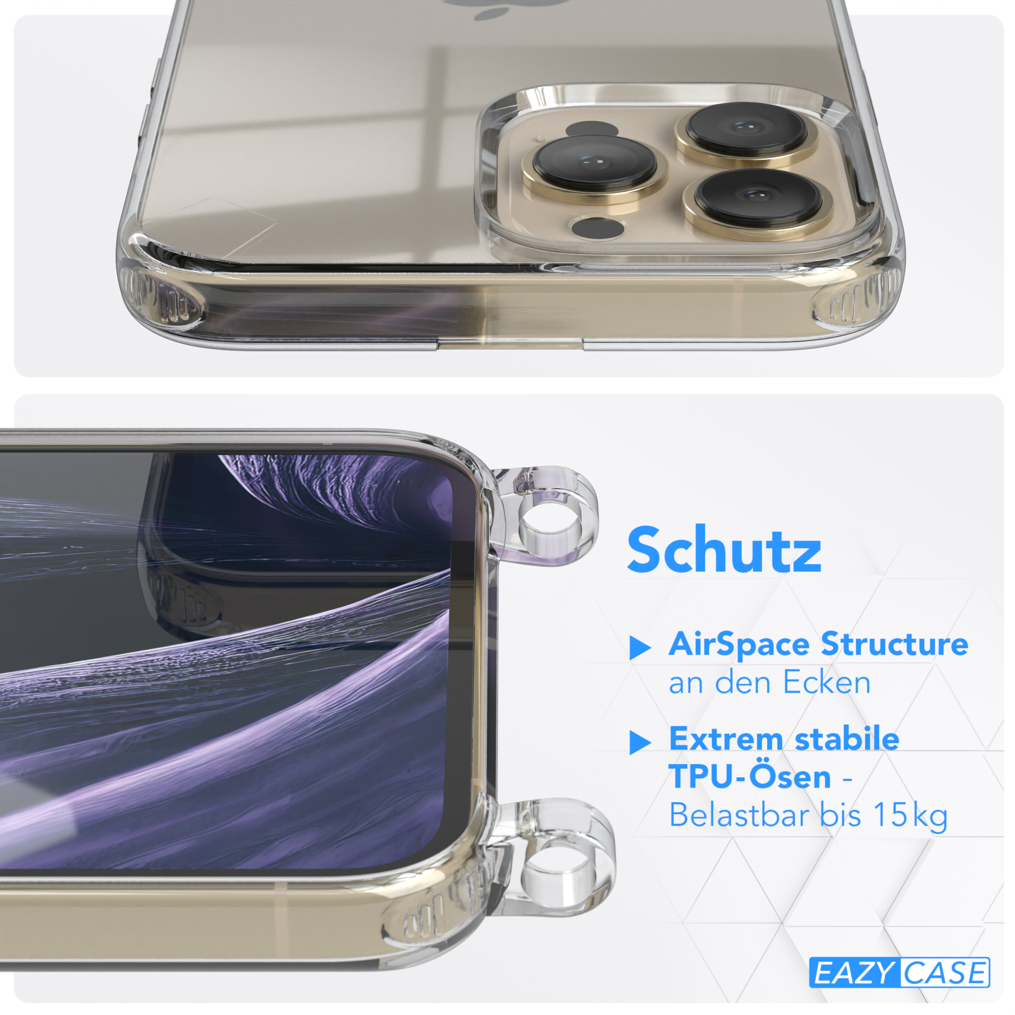 Transparente Handyhülle mit Merkmalen: AirSpace Structure und TPU-Ringe halten bis zu 15 kg aus.