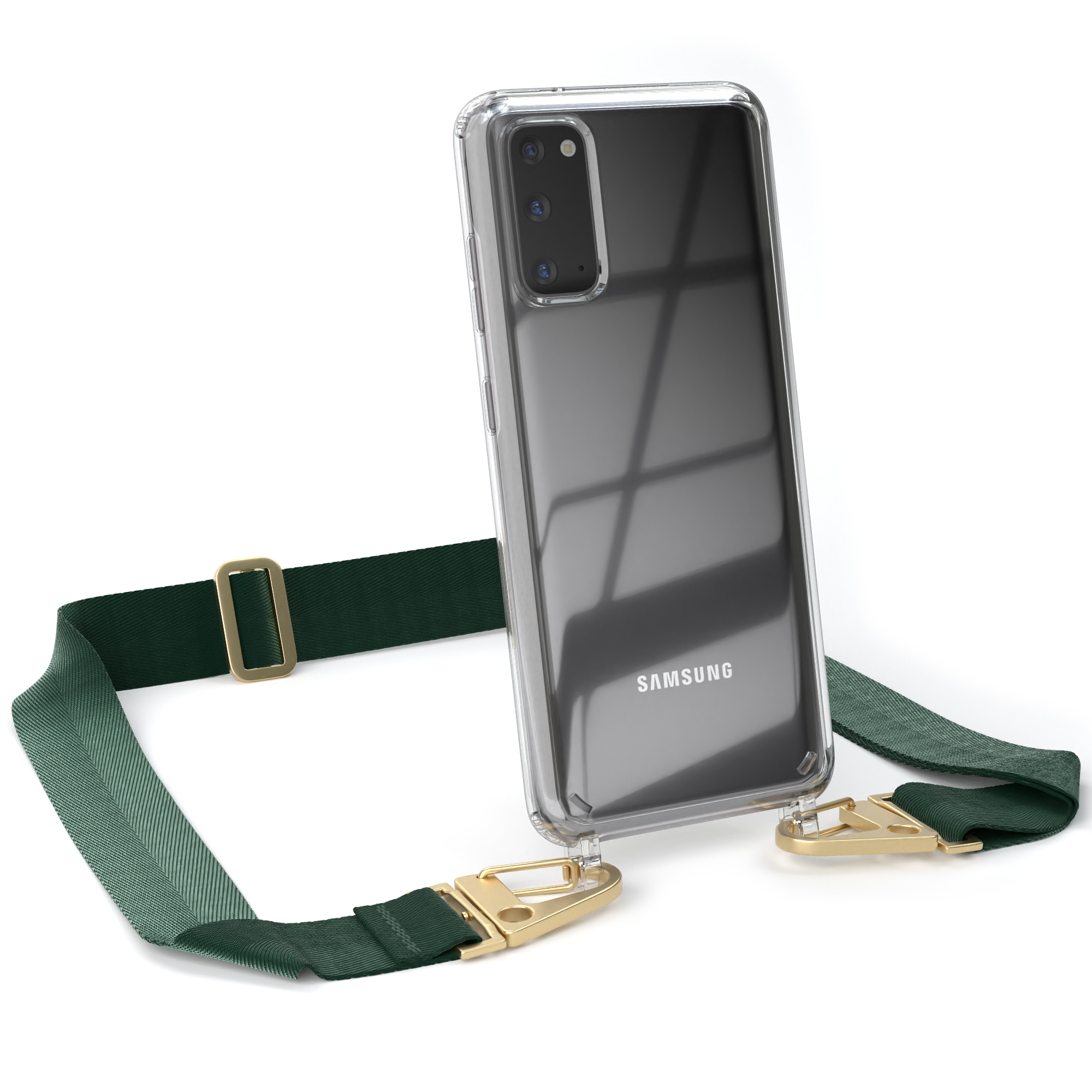 EAZY CASE Transparente Handyhülle + Samsung, breiter S20, Karabiner, Dunkel Galaxy mit Gold Umhängetasche, / Grün Kordel