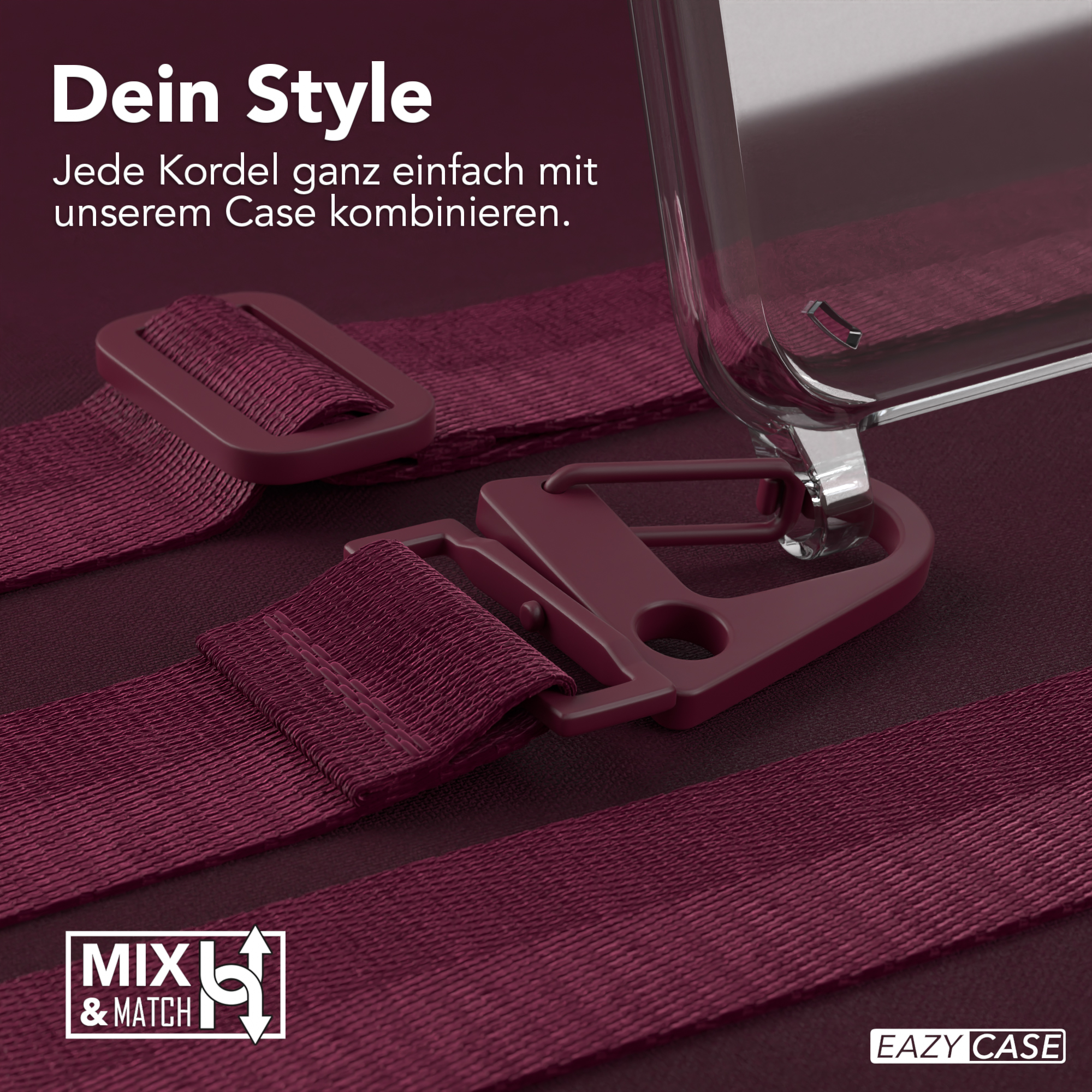 Nahaufnahme von Telefonriemen und Gehäusekomponenten. Die Komponenten sind weinrot, mit Eazy Case-Logo.