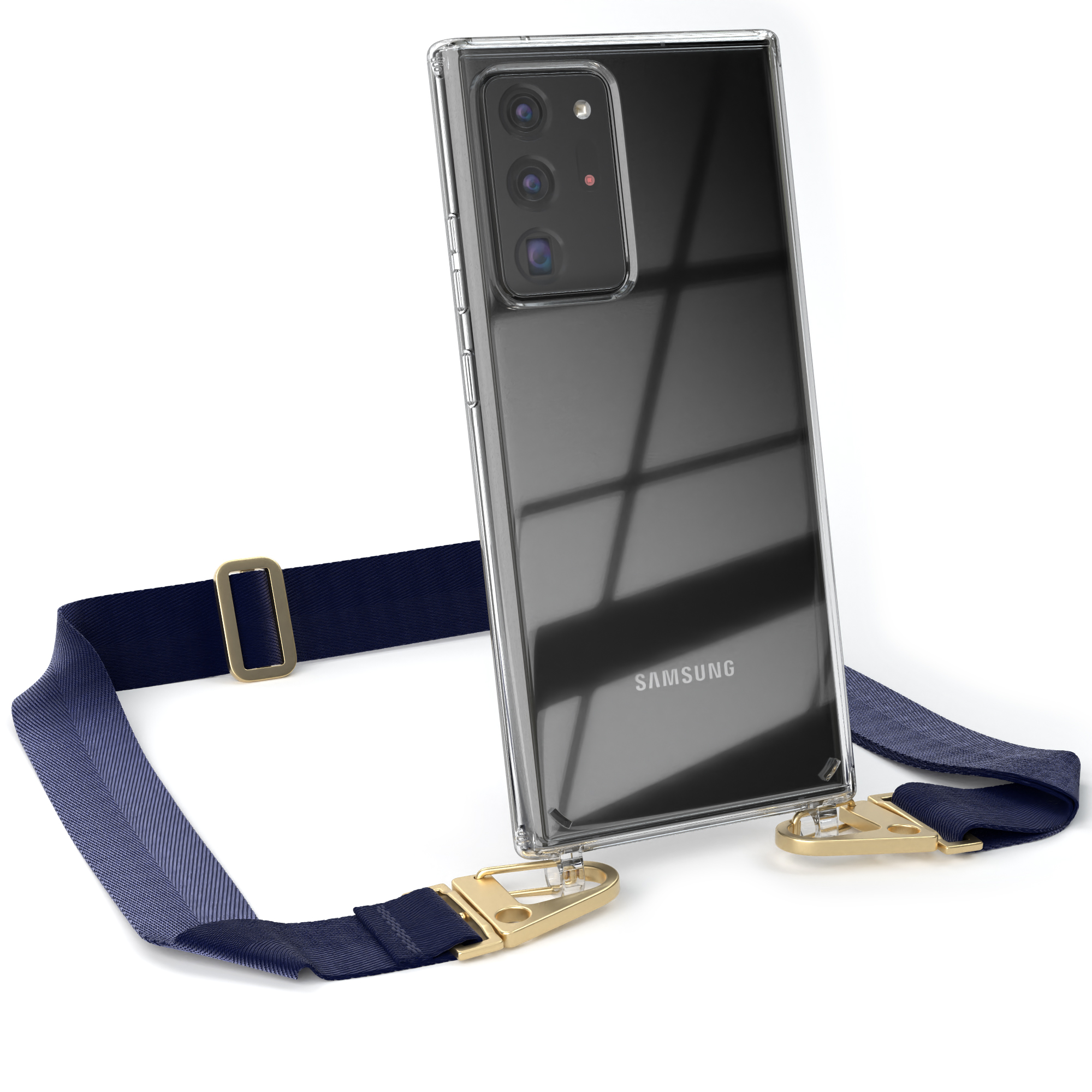 Transparente Handyhülle mit marineblauem Riemen, goldenen Clips und einem Samsung-Handy. Weißer Hintergrund.