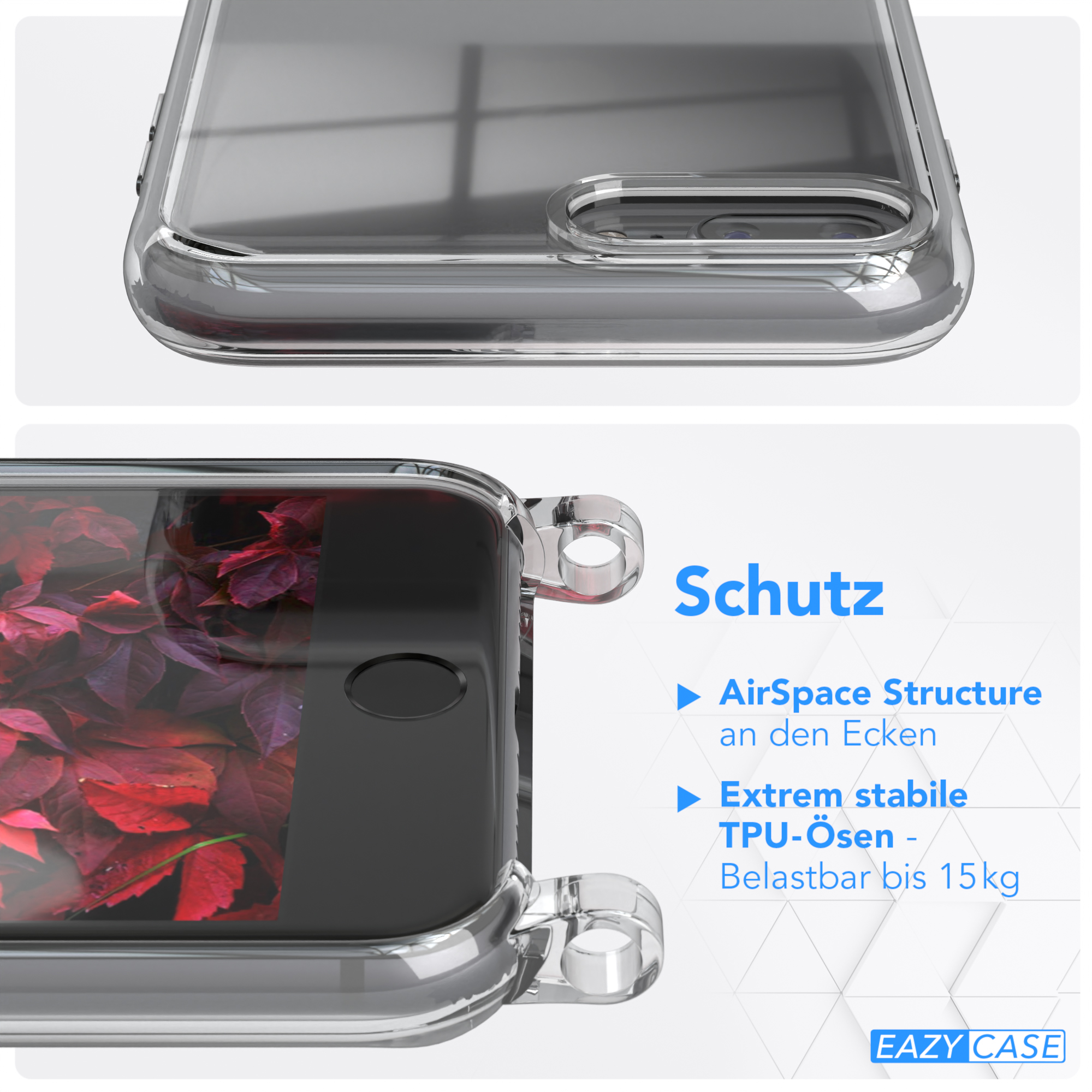 EAZY CASE mit + Umhängetasche, Karabiner, Transparente Plus Rot 7 Plus, / Burgundy / iPhone breiter Beere Handyhülle Kordel Apple, 8