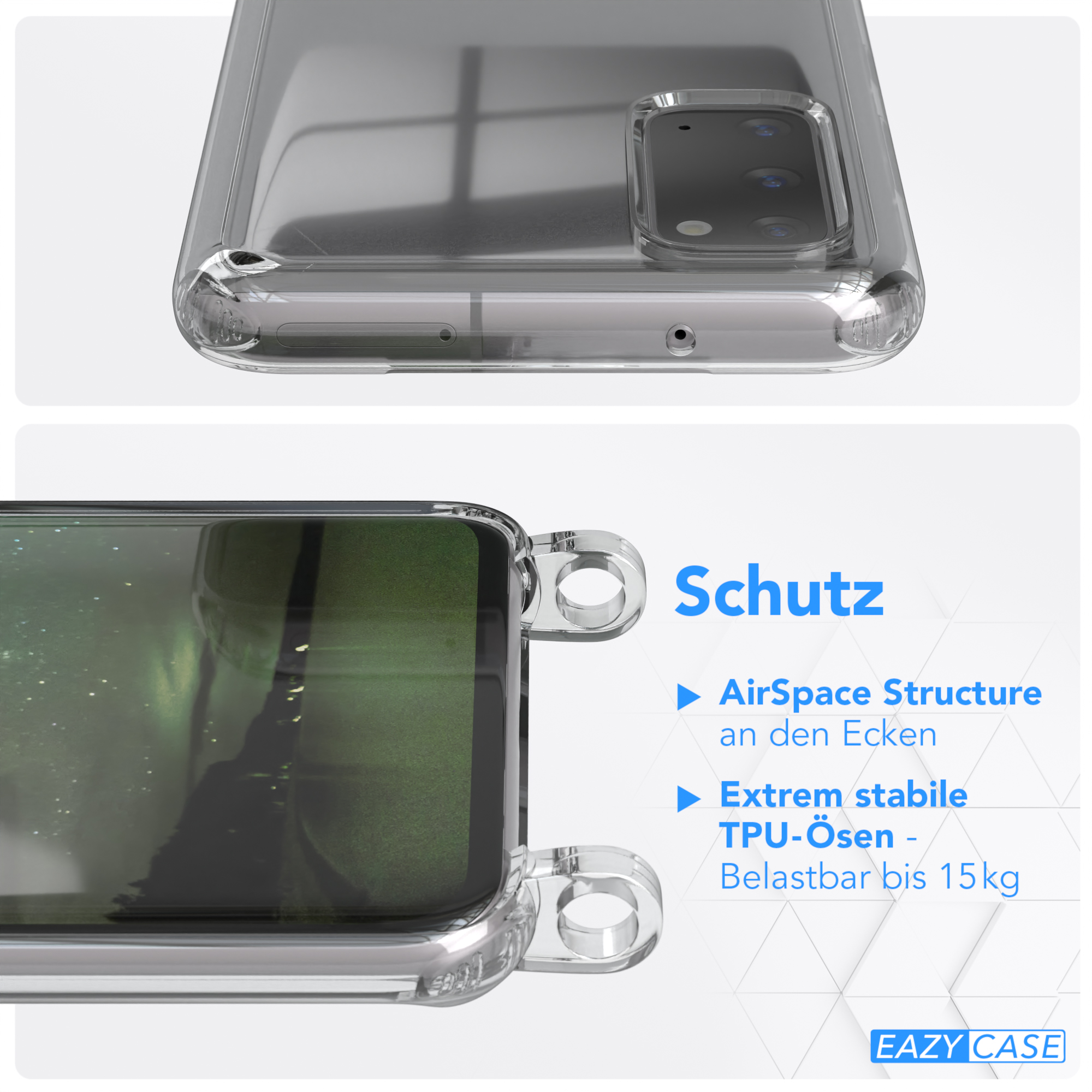 EAZY CASE Transparente Handyhülle + Samsung, breiter S20, Karabiner, Dunkel Galaxy mit Gold Umhängetasche, / Grün Kordel