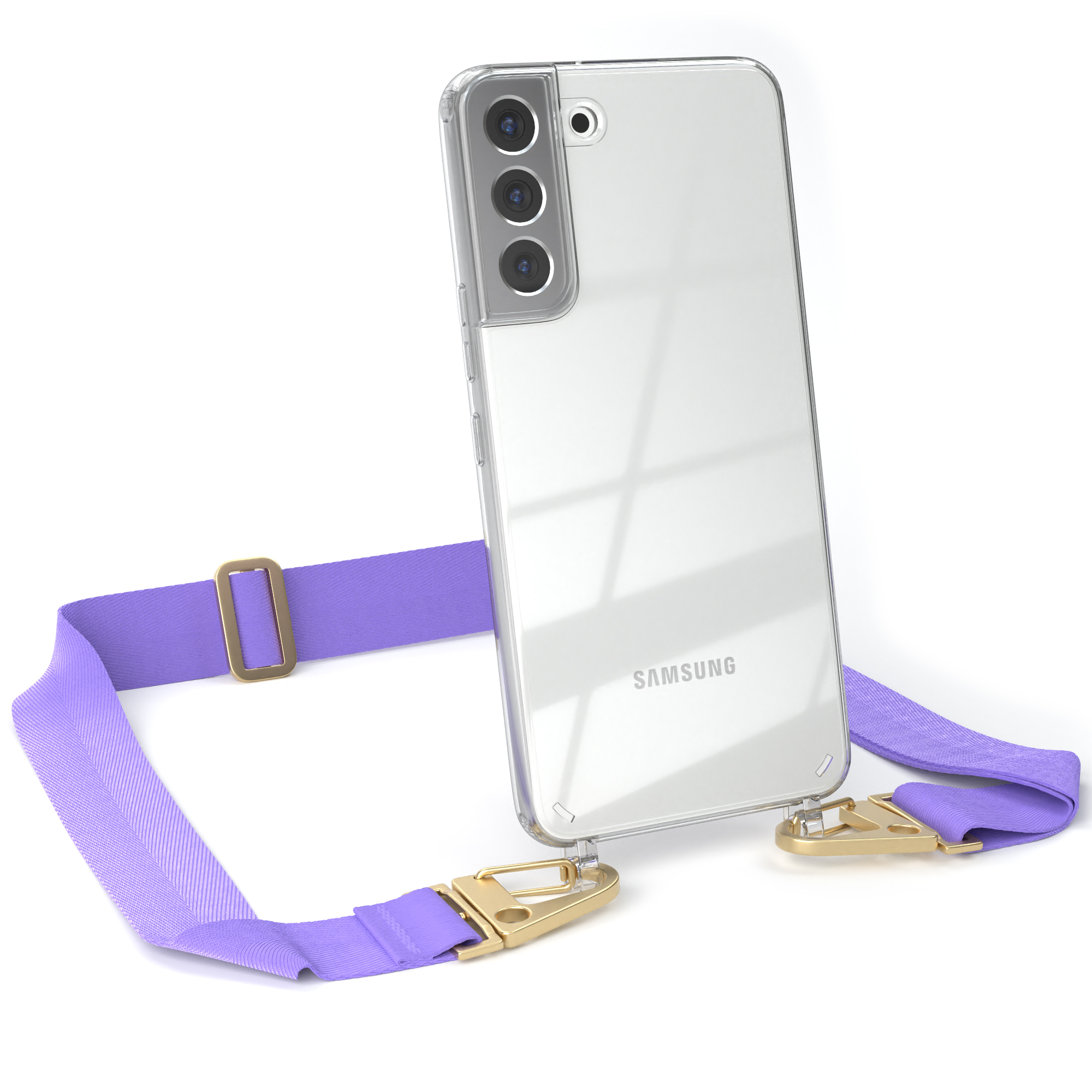 Eine transparente Handyhülle mit einem lila Umhängeband, an einem Samsung Telefon befestigt.