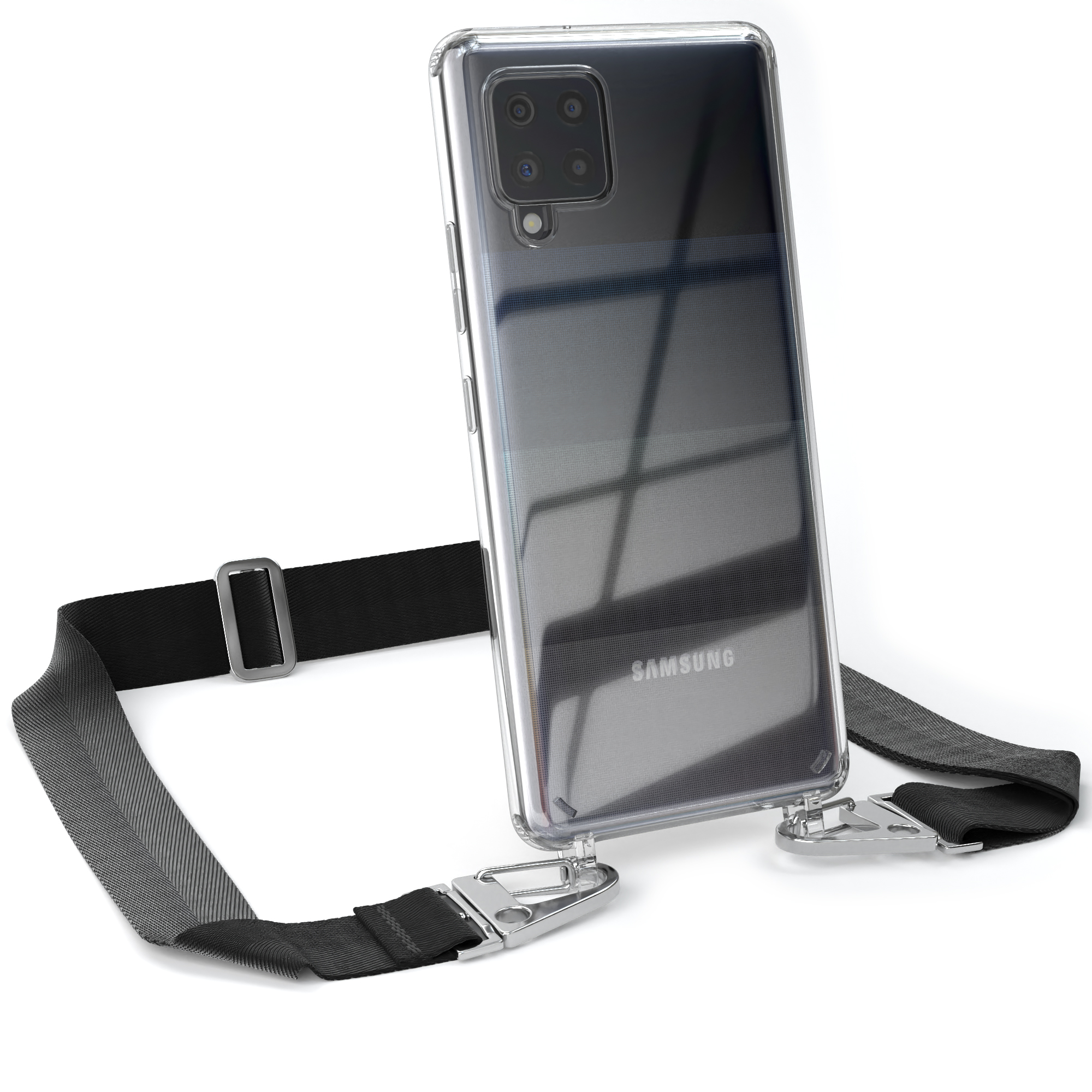 Transparente Handyhülle mit schwarzem Lanyard. Weißer Hintergrund.