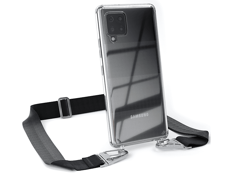 EAZY CASE Transparente Handyhülle mit breiter Kordel + Karabiner, Umhängetasche, Samsung, Galaxy A42 5G, Schwarz / Silber