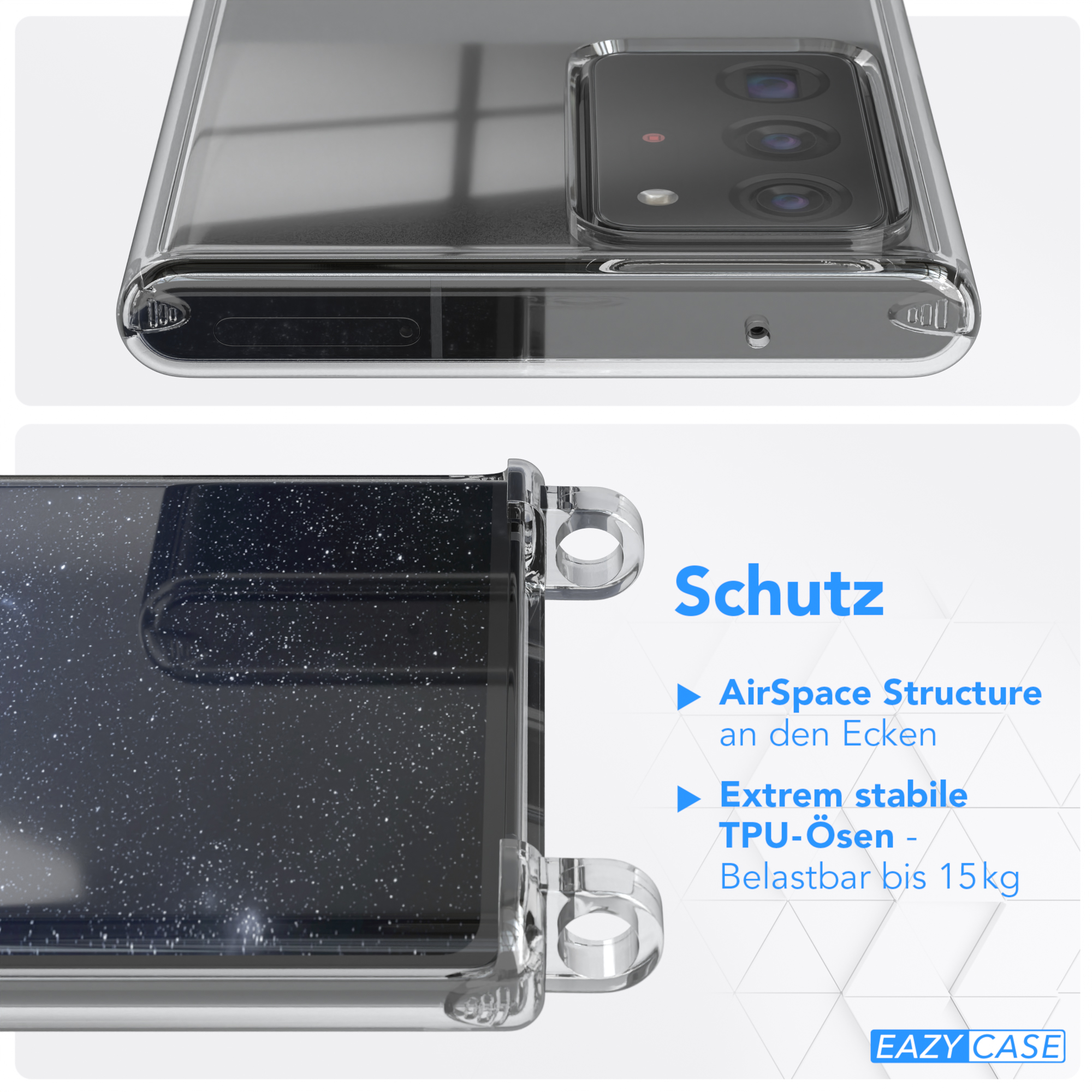 Eine Handyhülle mit durchsichtigem Rücken, die ein Innendesign zeigt. Text über Schutzfunktionen.