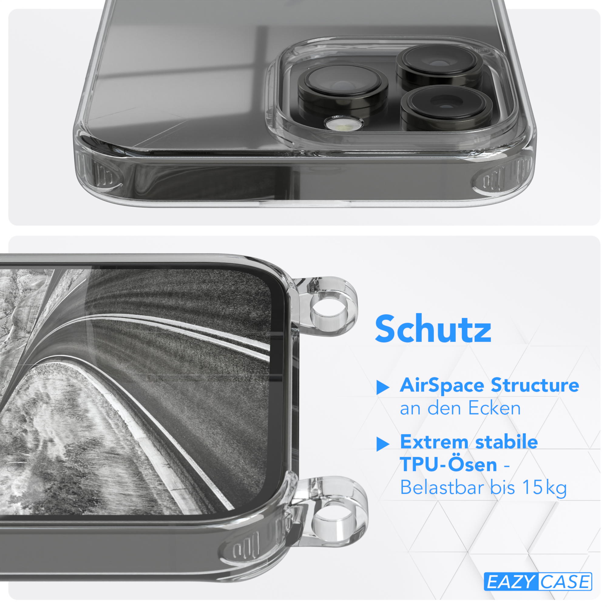 EAZY Pro breiter / Handyhülle Kordel Silber 14 Umhängetasche, + CASE Schwarz Max, Transparente mit Karabiner, Apple, iPhone