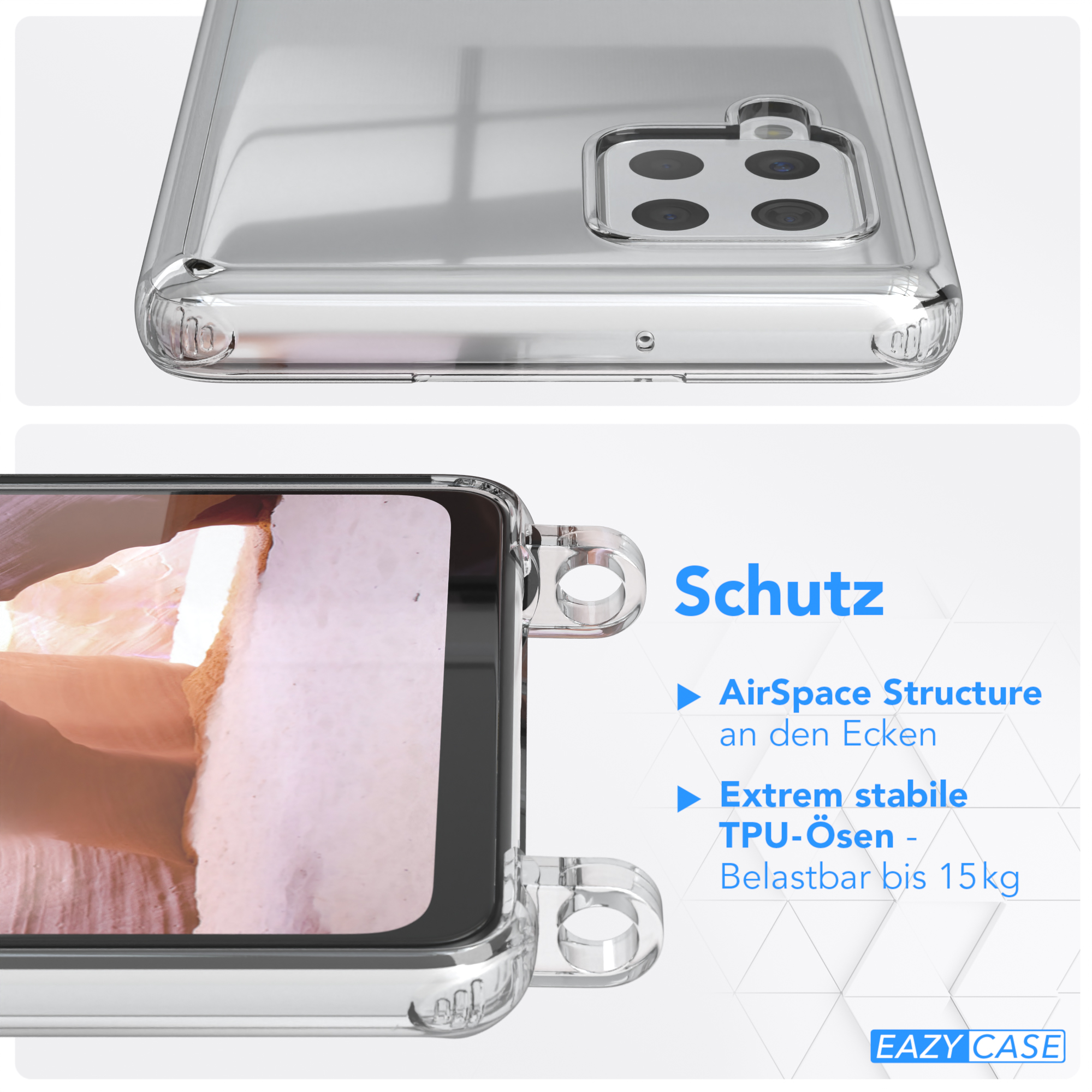 Transparente Handyhülle mit Draufsicht und Seitenansicht, die Schutzfunktionen und einen Markennamen zeigt.