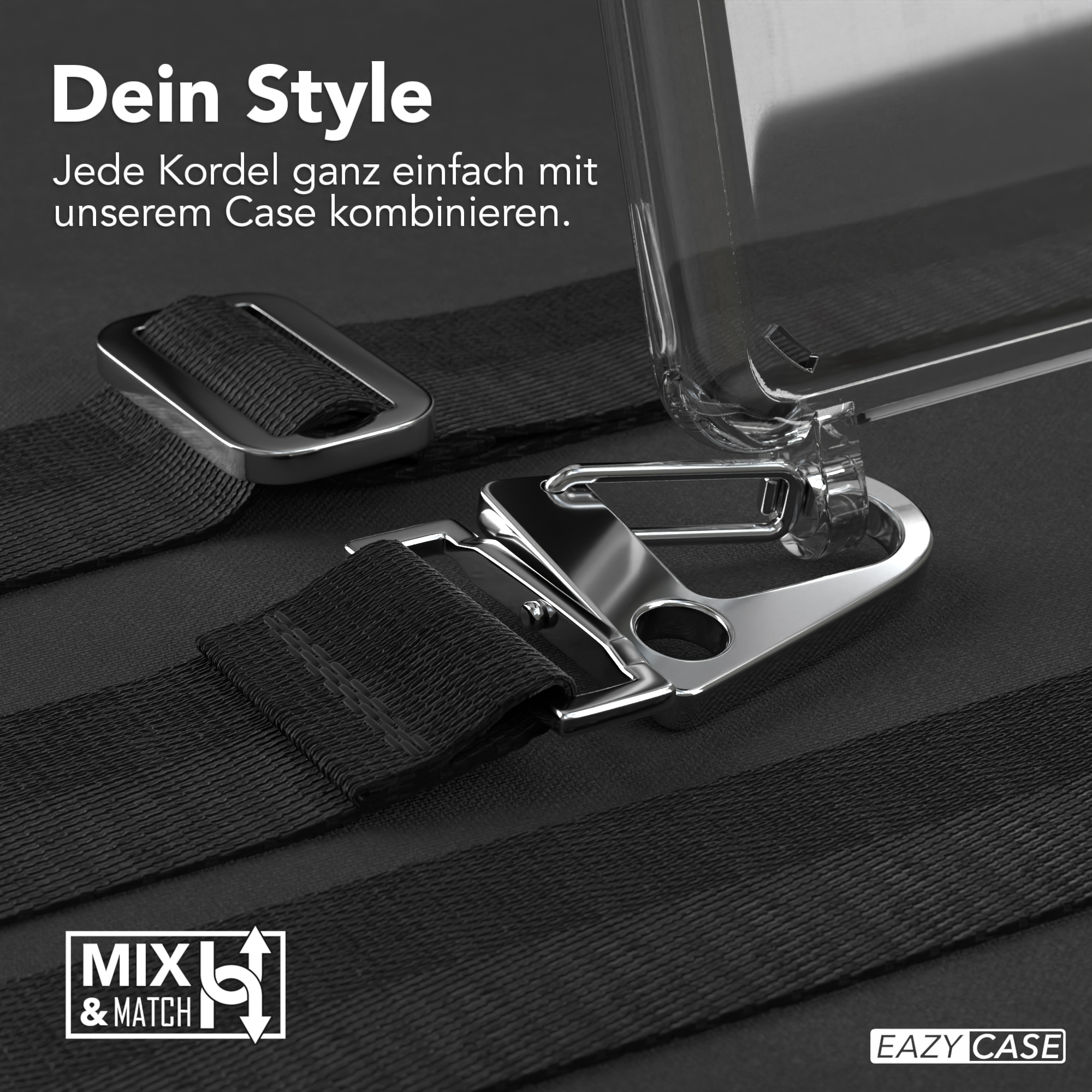 Nahaufnahme des Handyhüllenriemens, mit Metallschnalle und schwarzem Riemen.
