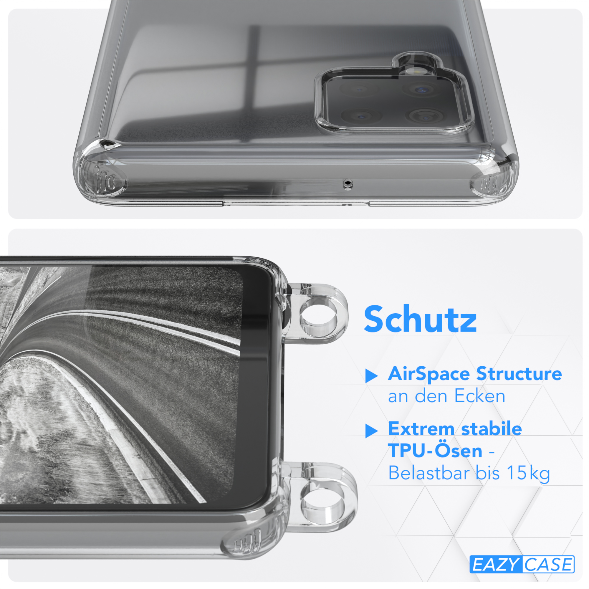 EAZY CASE Transparente Handyhülle mit Schwarz Samsung, 5G, Umhängetasche, A42 + Kordel Karabiner, / Galaxy Silber breiter