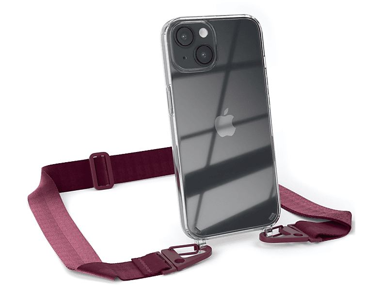 EAZY CASE Transparente Handyhülle mit breiter Kordel + Karabiner, Umhängetasche, Apple, iPhone 14, Rot Beere / Burgundy | Handyketten