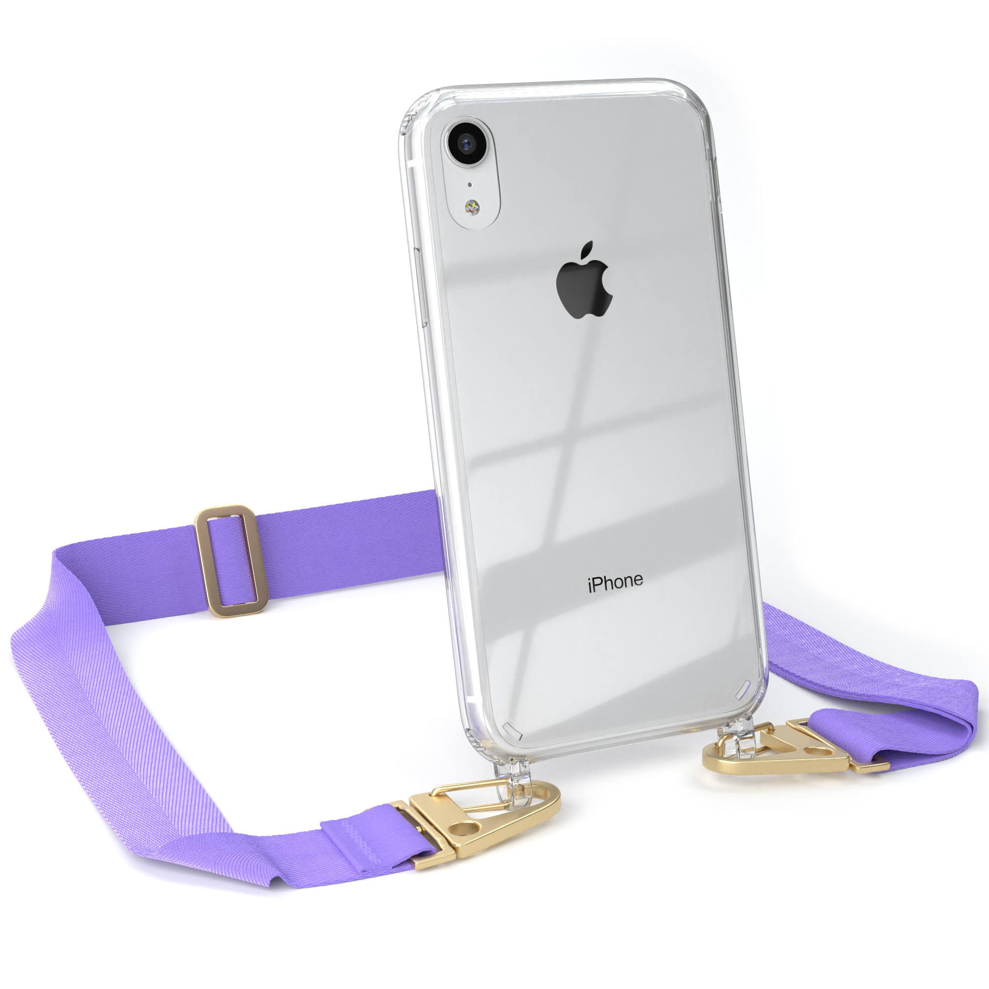 EAZY CASE Transparente / Flieder mit Kordel iPhone XR, + Umhängetasche, breiter Karabiner, Handyhülle Gold Apple