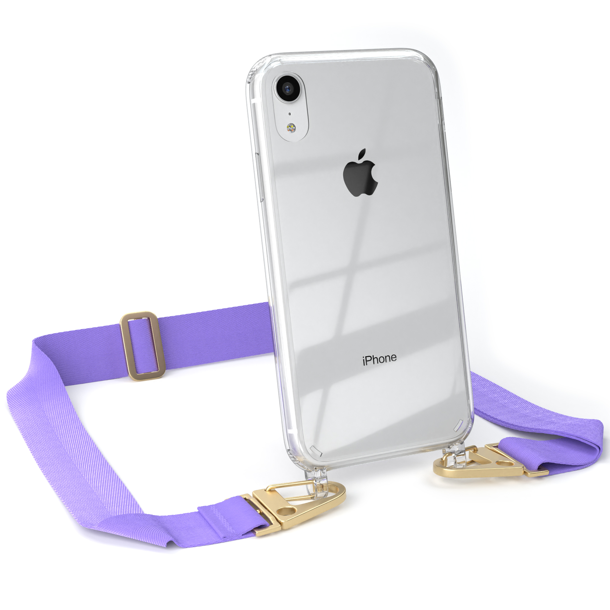 Eine Handyhülle mit lila Riemen. Ein iPhone befindet sich in der Hülle.