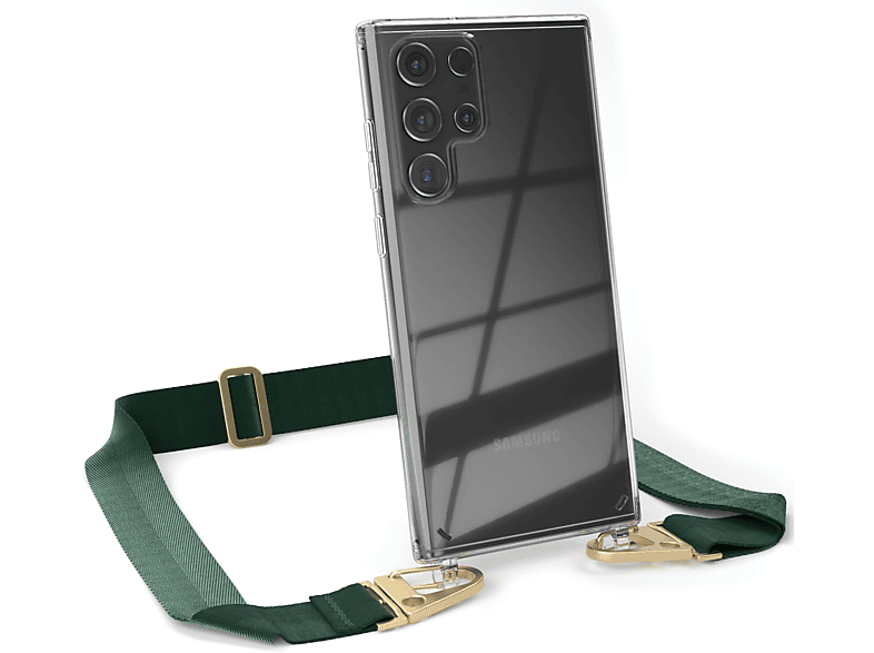 EAZY CASE Transparente Handyhülle mit breiter Kordel + Karabiner, Umhängetasche, Samsung, Galaxy S22 Ultra 5G, Dunkel Grün / Gold