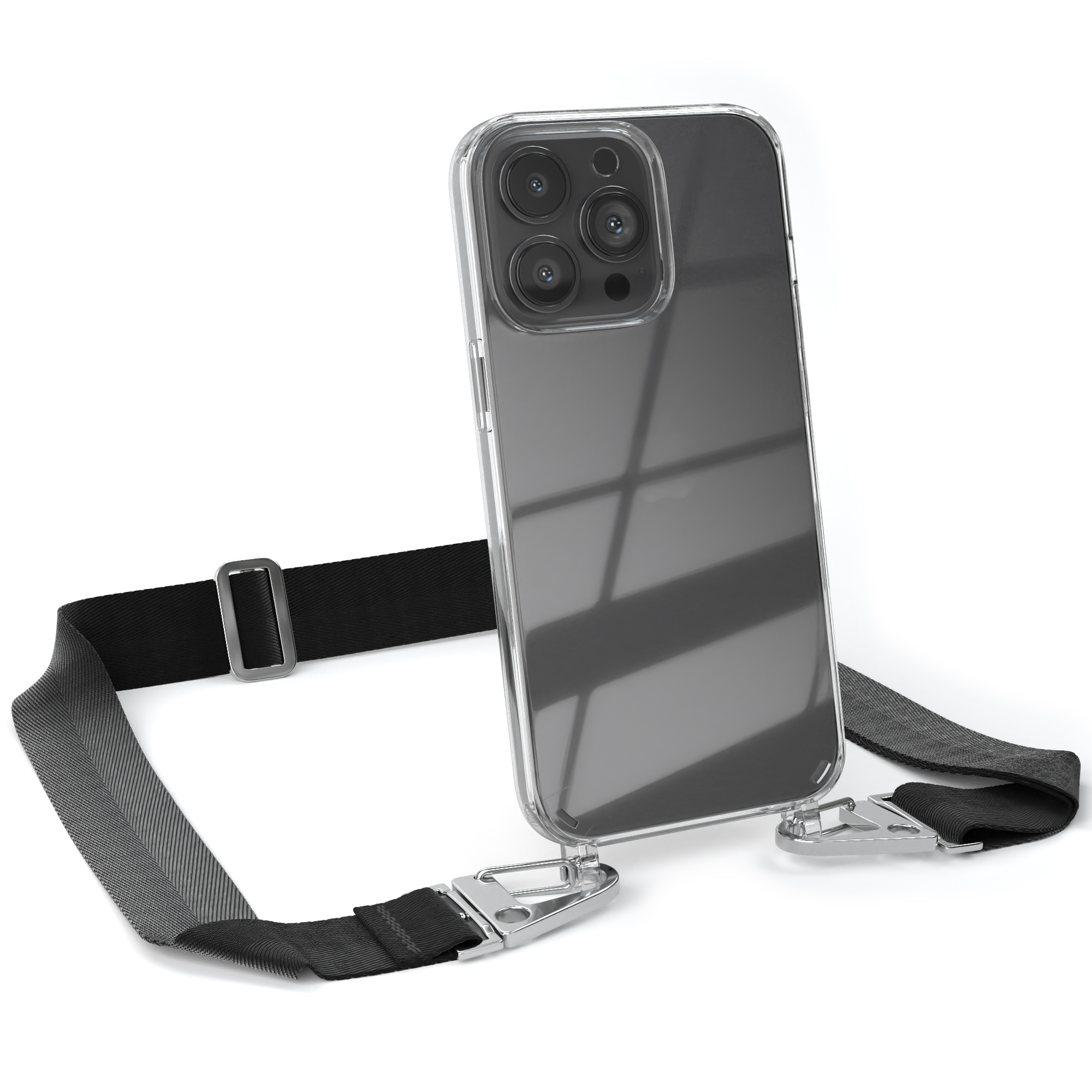 Umhängetasche, Pro, breiter Karabiner, Kordel CASE + Handyhülle Transparente EAZY / mit iPhone Silber 13 Schwarz Apple,