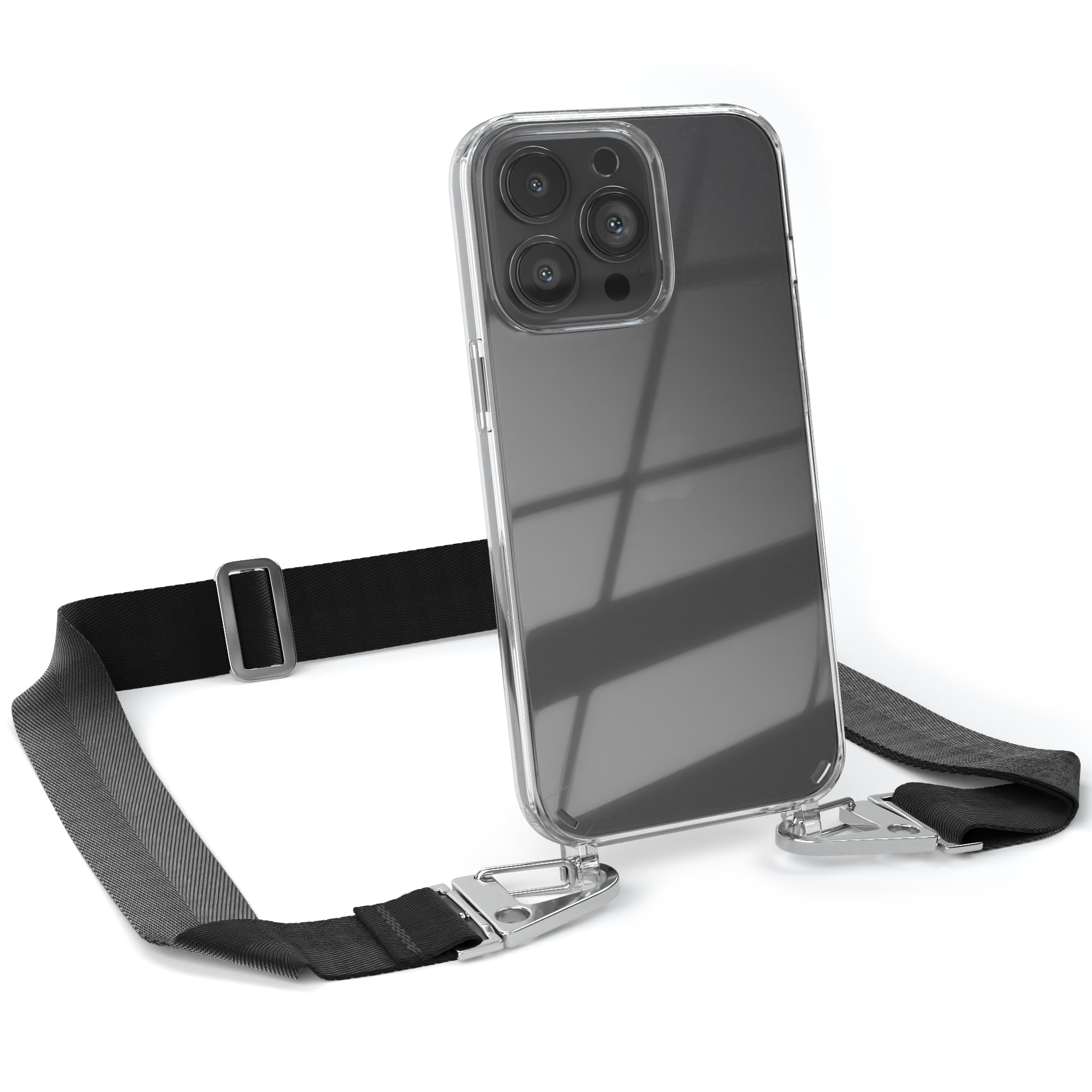 Eine transparente Handyhülle auf weißem Untergrund. Das Telefon hat einen schwarzen Riemen angebracht.