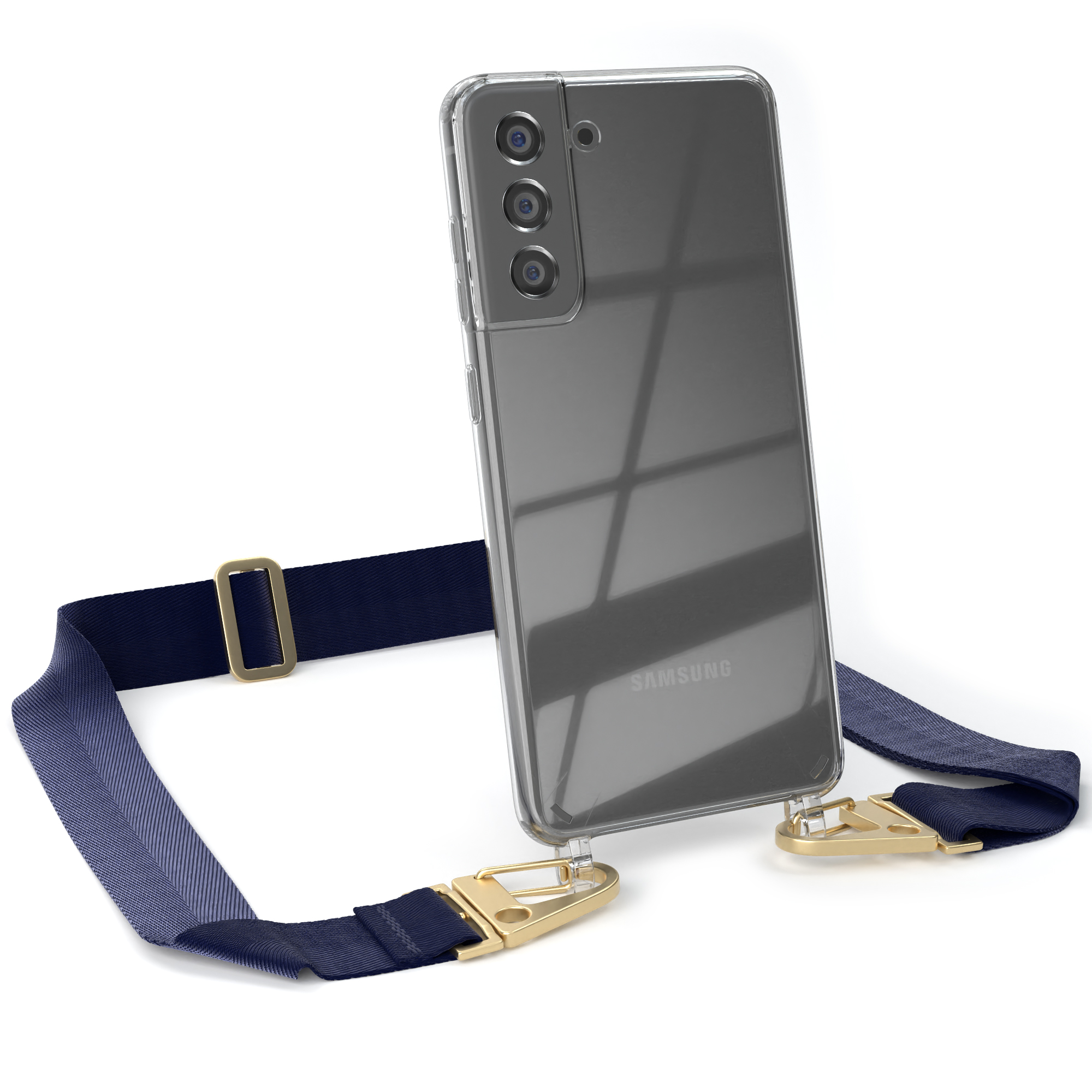 Transparente Handyhülle mit blauem Gurt, goldener Hardware und Samsung-Handy.