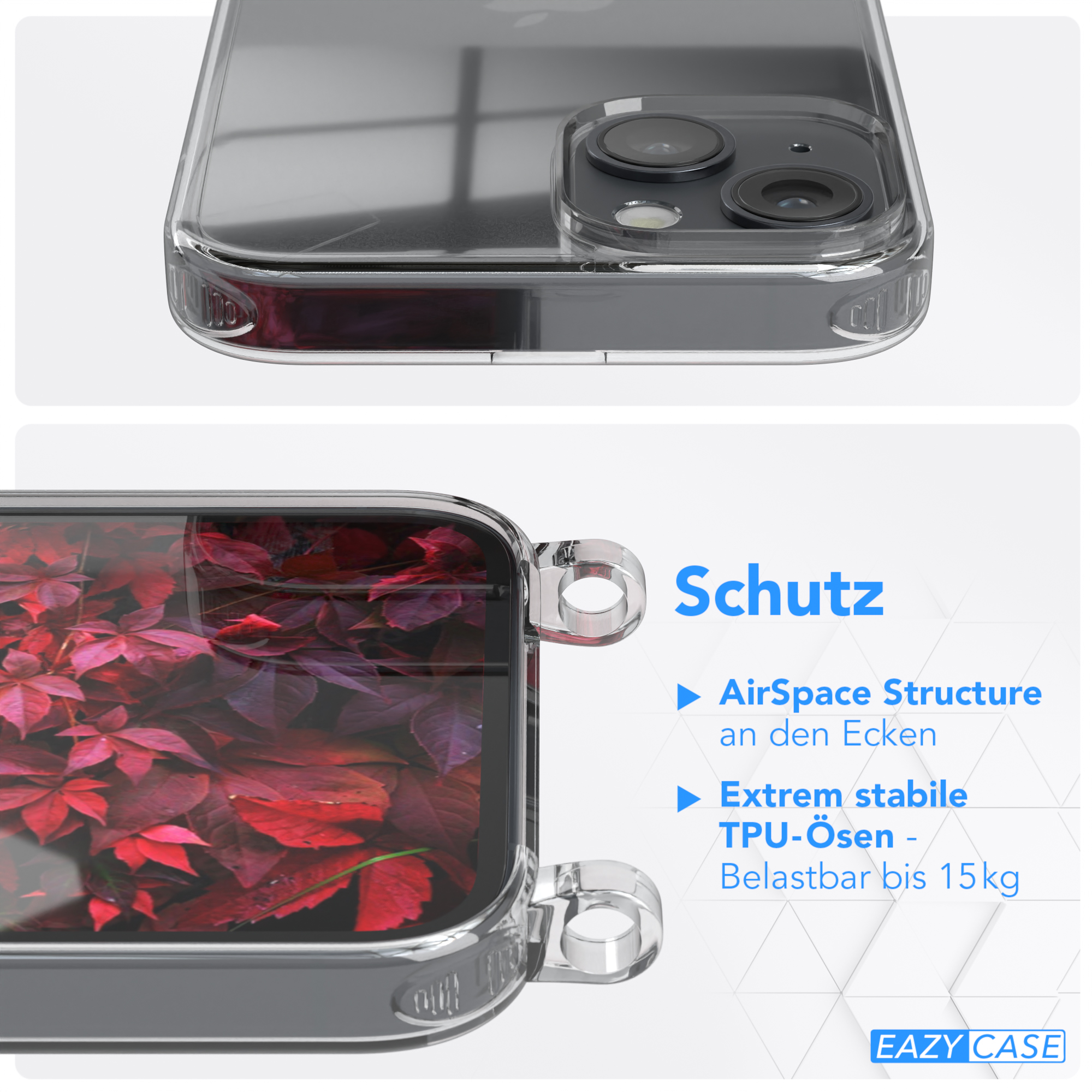 Umhängetasche, Apple, Rot Handyhülle 14, + mit Kordel / breiter Beere CASE Karabiner, iPhone Transparente Burgundy EAZY