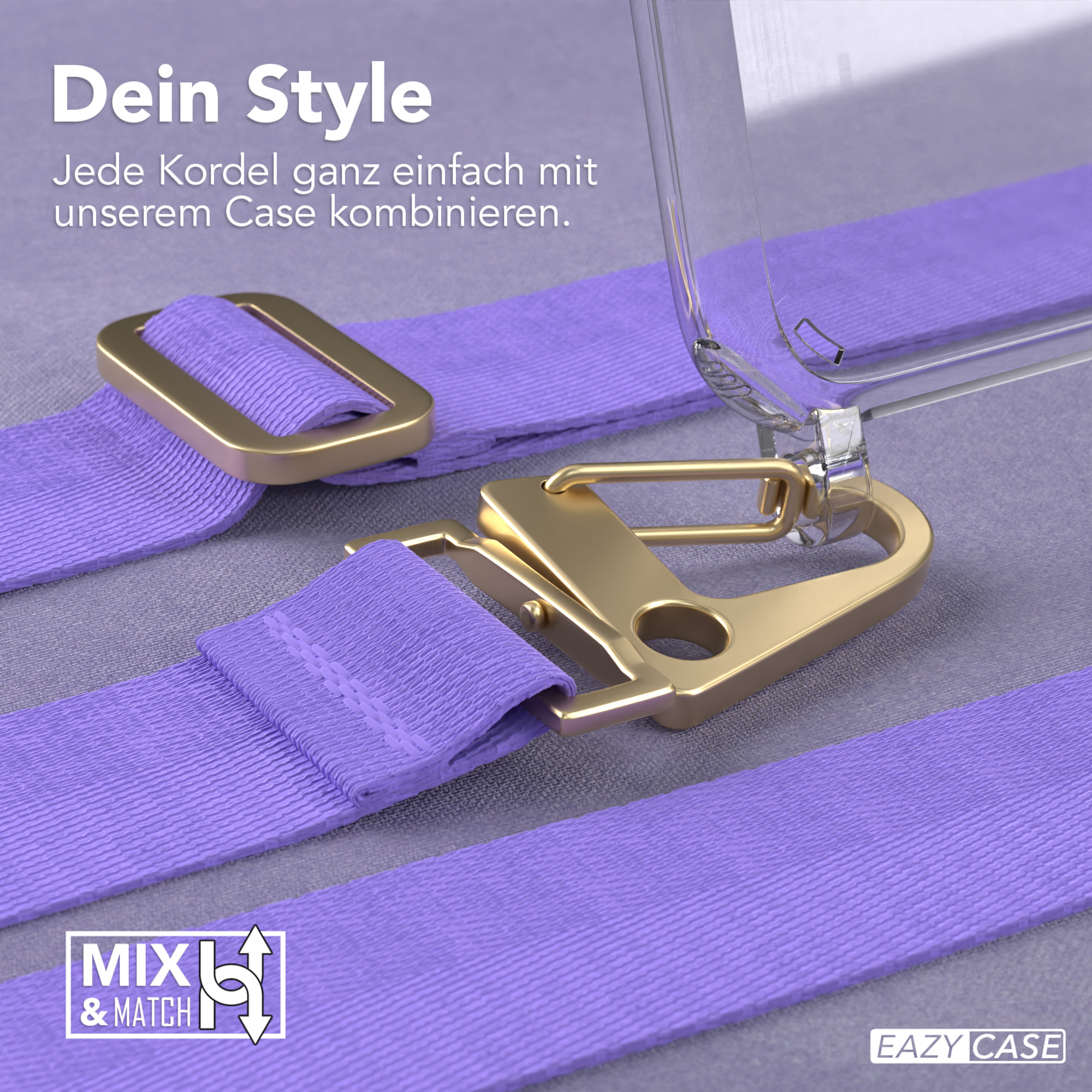 Lila Telefonband mit goldenem Verschluss. Das Wort Dein Style steht oben.