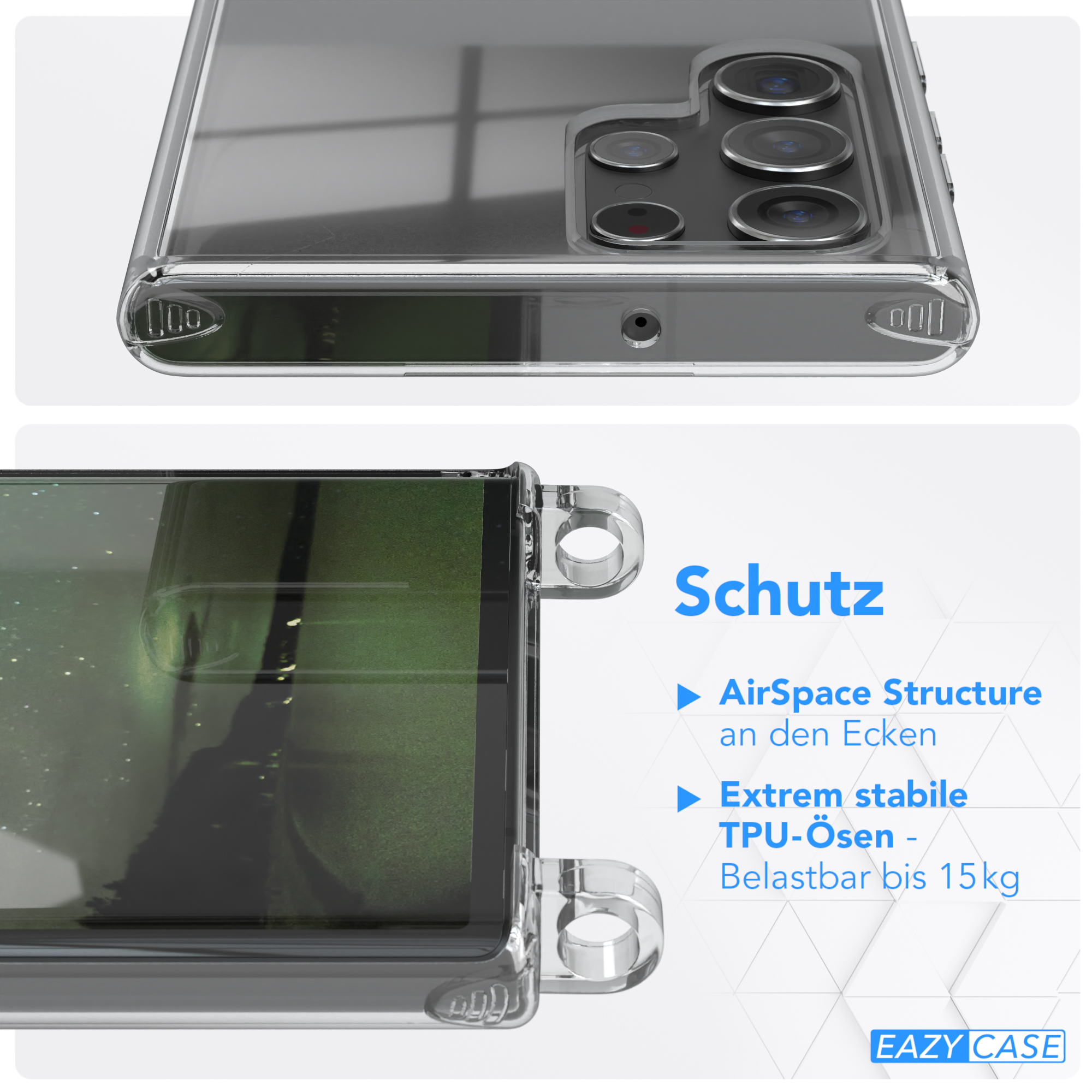Nahaufnahme einer transparenten Handyhülle, die 'AirSpace Structure' und TPU-Ösen-Schutzdetails zeigt.