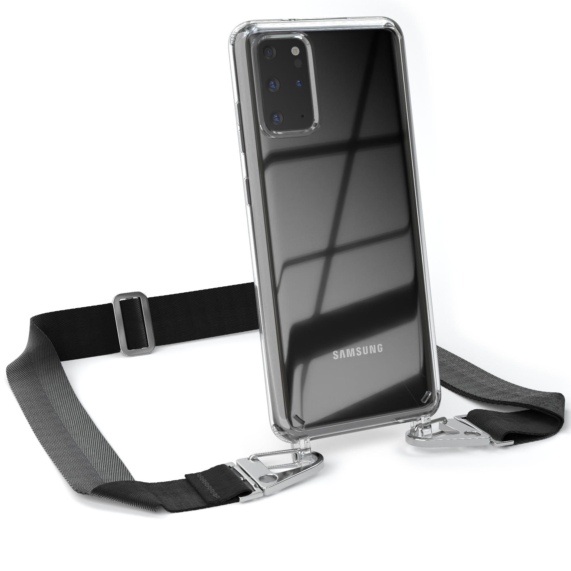 EAZY CASE Transparente Handyhülle mit Silber S20 / Samsung, Umhängetasche, Galaxy breiter Plus Schwarz 5G, Karabiner, S20 Plus Kordel + 