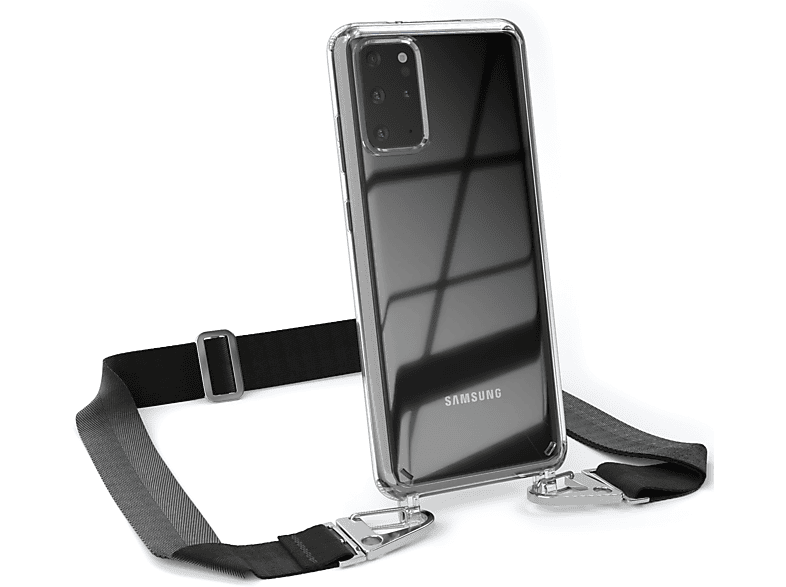 EAZY CASE Transparente Handyhülle mit breiter Kordel + Karabiner, Umhängetasche, Samsung, Galaxy S20 Plus / S20 Plus 5G, Schwarz / Silber | Handyketten