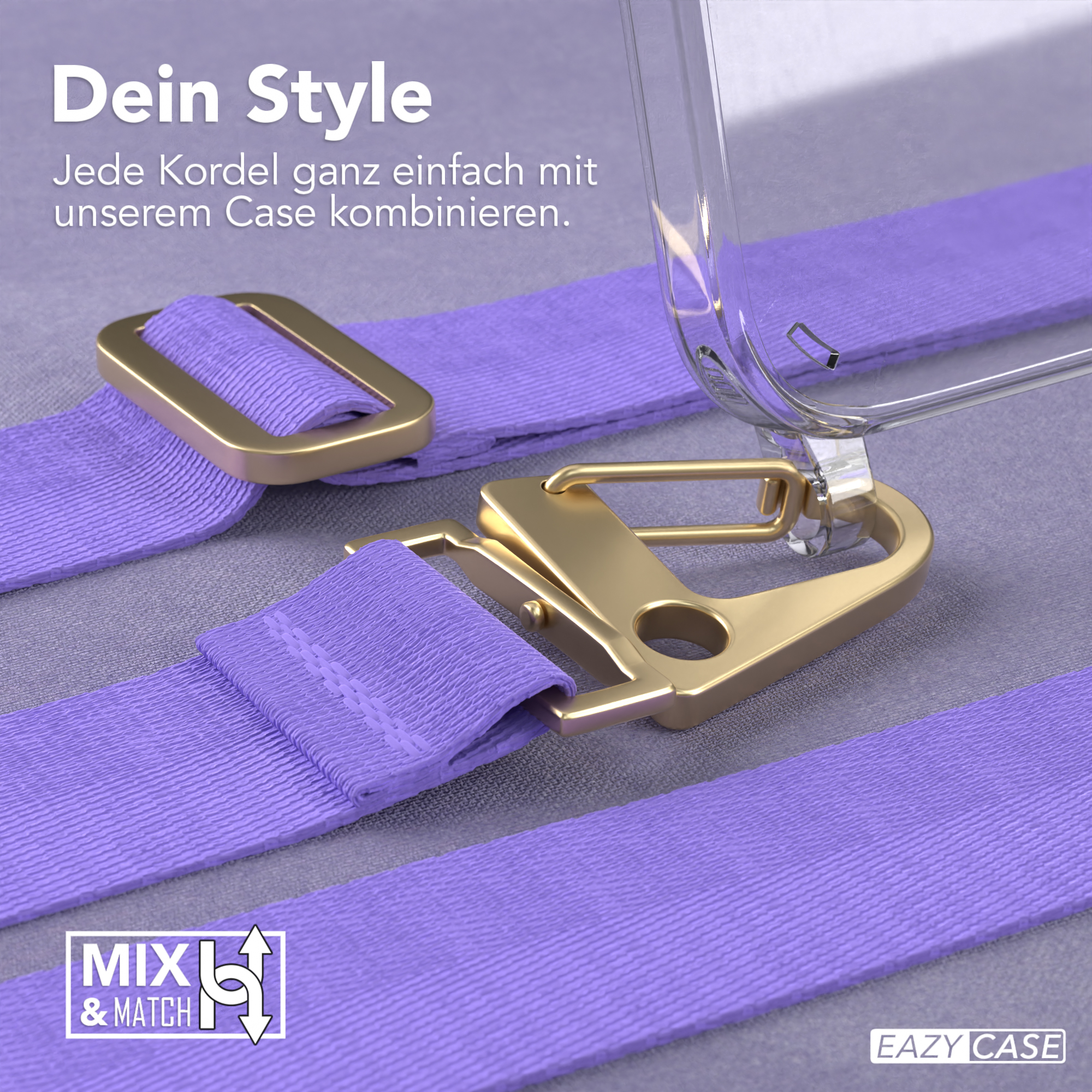 Lila Handyschlaufe mit goldenen Verschlüssen, eine klare Handyhülle.