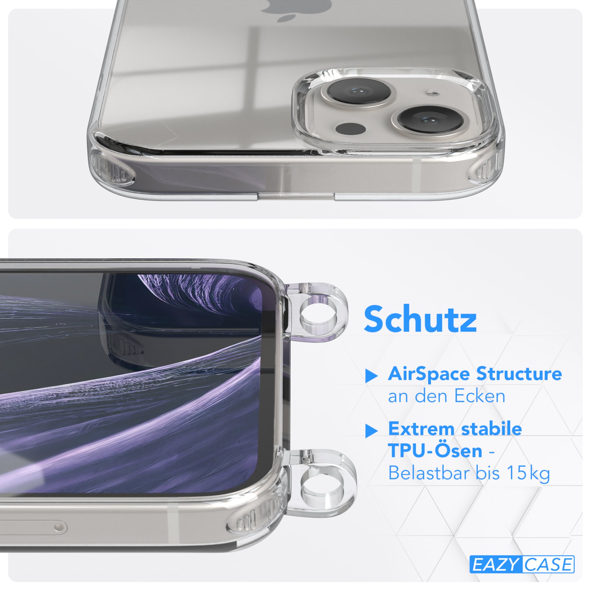 Nahaufnahme einer Handyhülle mit transparentem Design, das Funktionen zeigt.