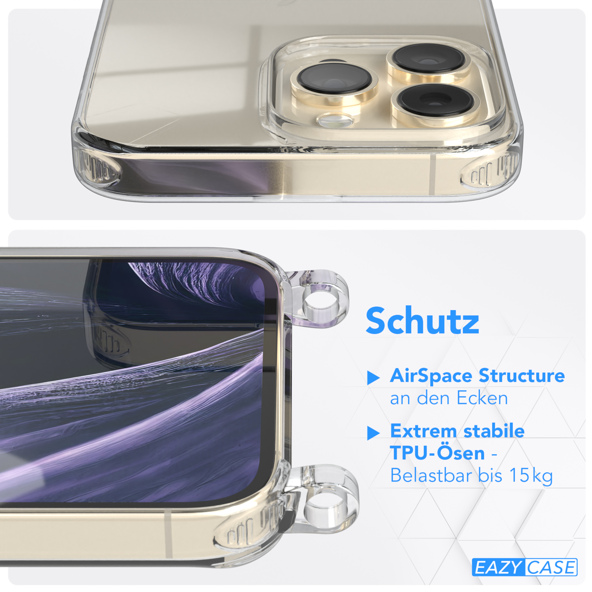 EAZY CASE Transparente Handyhülle Max, Pro mit iPhone + Karabiner, Flieder breiter / 14 Umhängetasche, Kordel Apple, Gold