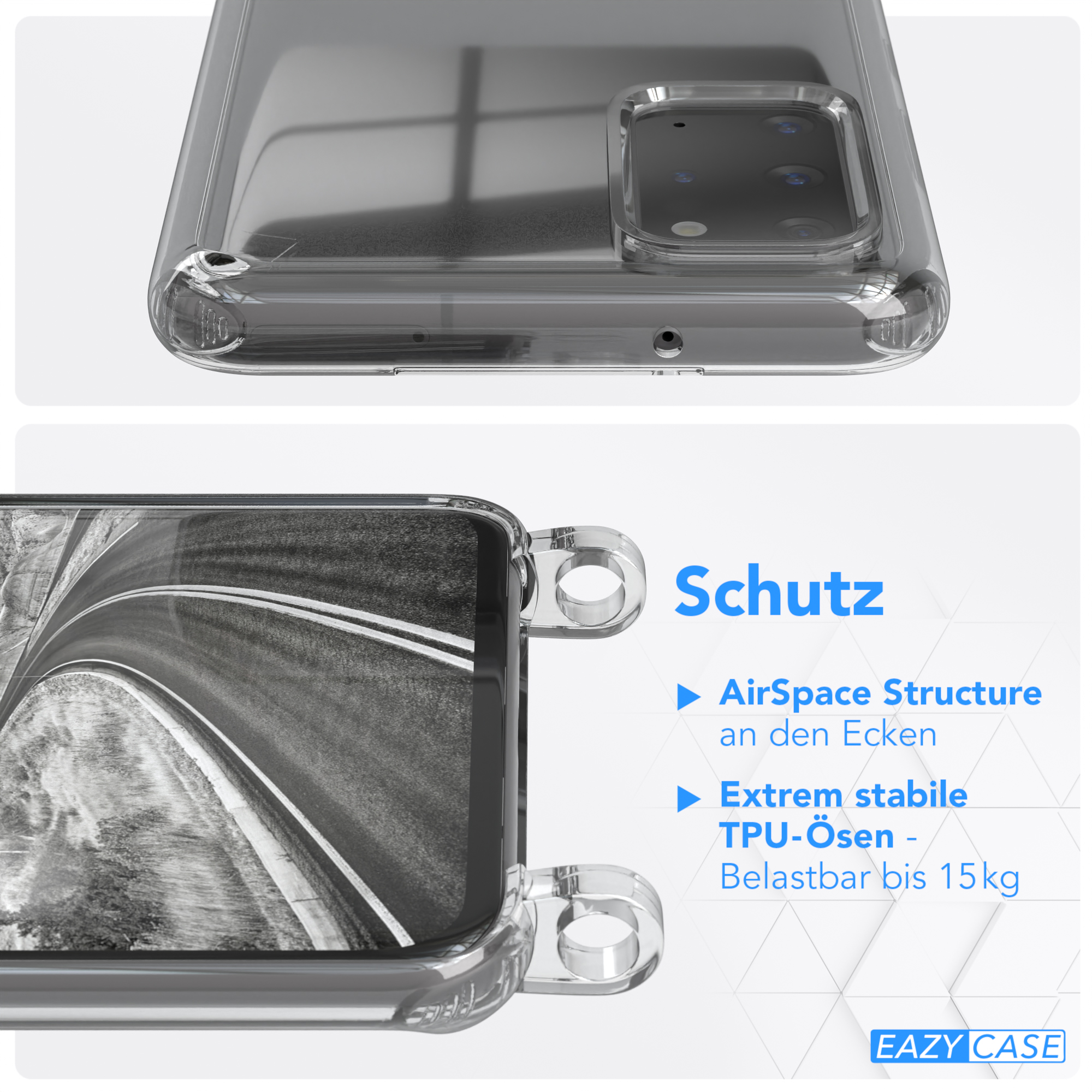 S20 5G, Galaxy mit Silber / Kordel CASE Plus Handyhülle Karabiner, Plus EAZY Transparente Samsung, + / S20 breiter Umhängetasche, Schwarz