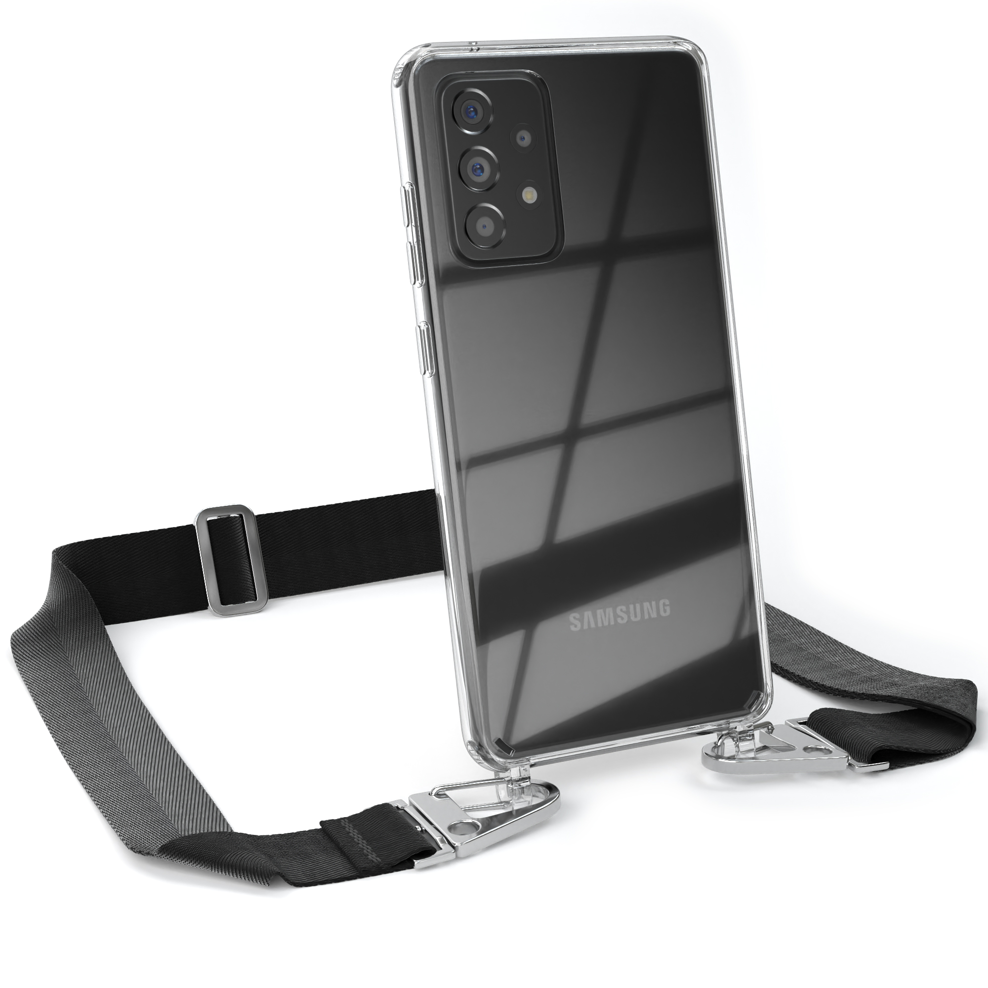 Eine transparente Handyhülle mit schwarzem Riemen, auf einem Samsung-Handy, weißer Hintergrund.