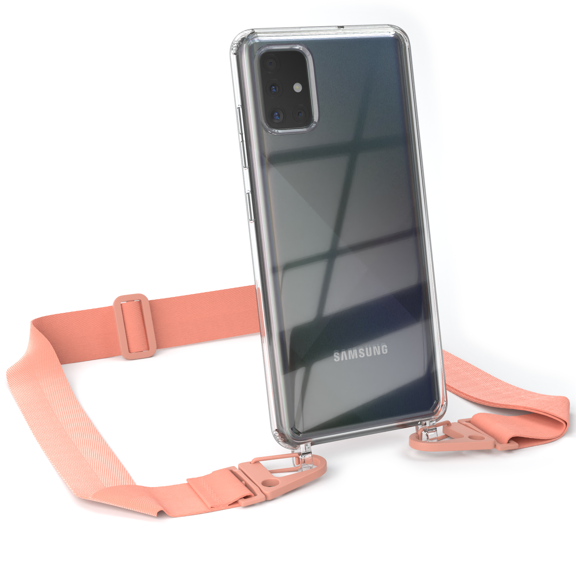 Umhängetasche, Coral Kordel Galaxy Altrosa / Transparente breiter Samsung, A51, mit EAZY Handyhülle Karabiner, CASE +