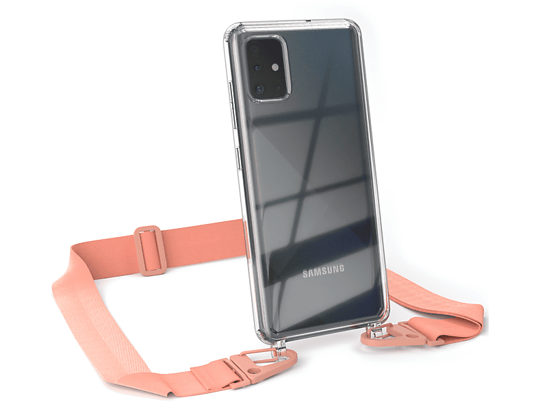 Umhängetasche, Coral Kordel Galaxy Altrosa / Transparente breiter Samsung, A51, mit EAZY Handyhülle Karabiner, CASE +