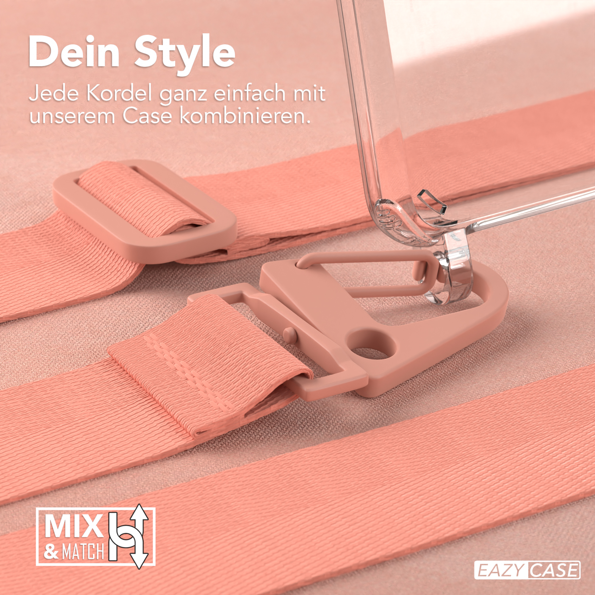 Nahaufnahme von rosa Trägern mit rosafarbenem Verschluss und Handyhülle.