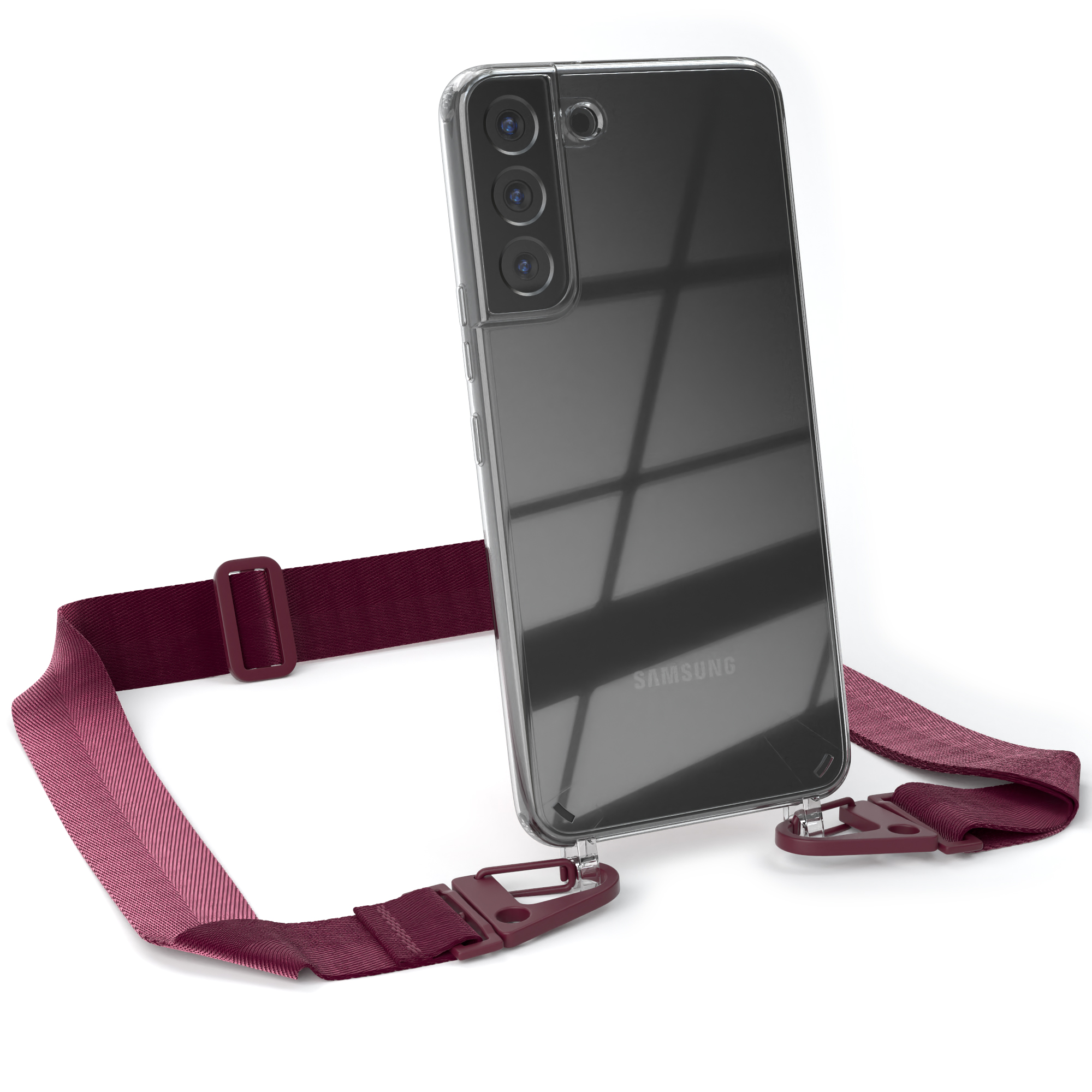 Ein Telefon in einer durchsichtigen Hülle mit einem roten Umhängeband. Das Telefon hat eine Kameraerhebung.