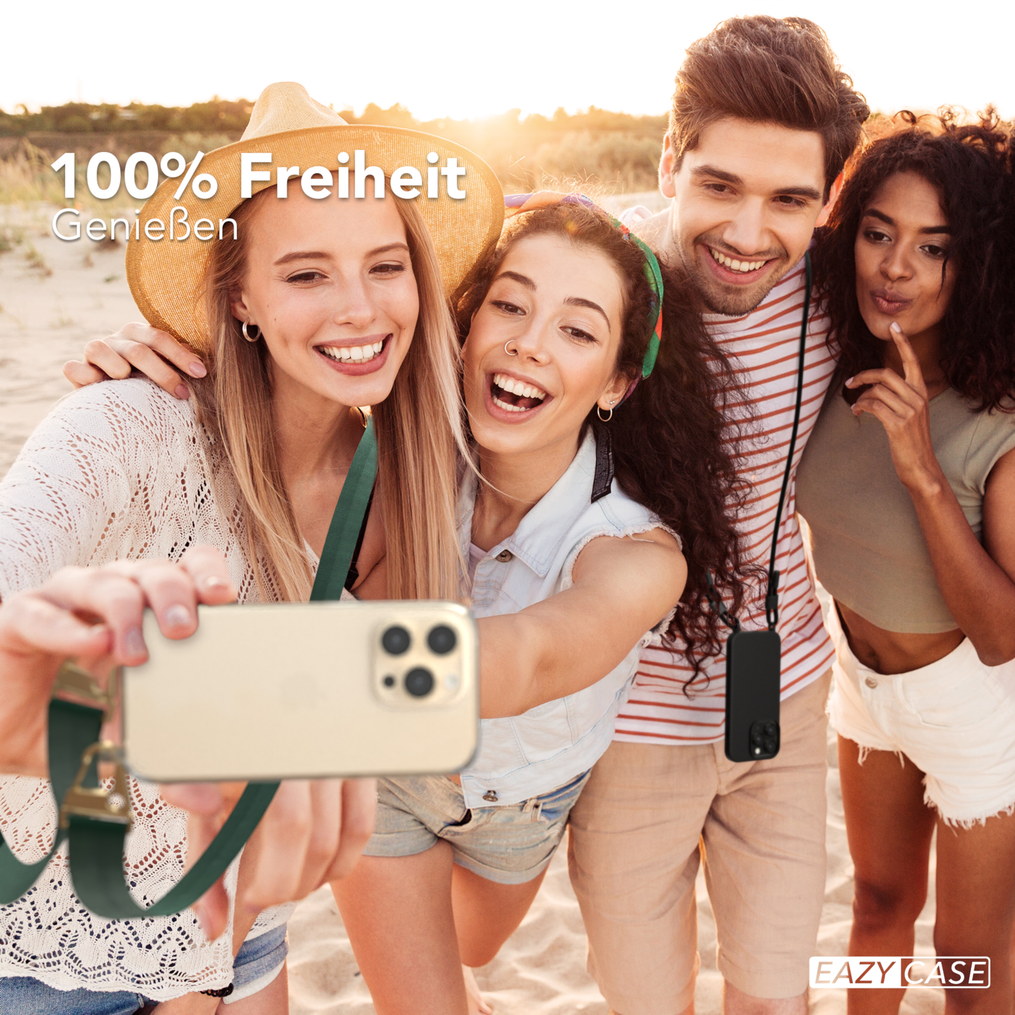 Freunde machen Selfie mit Handyhülle. Text: '100% Freiheit Genießen'.