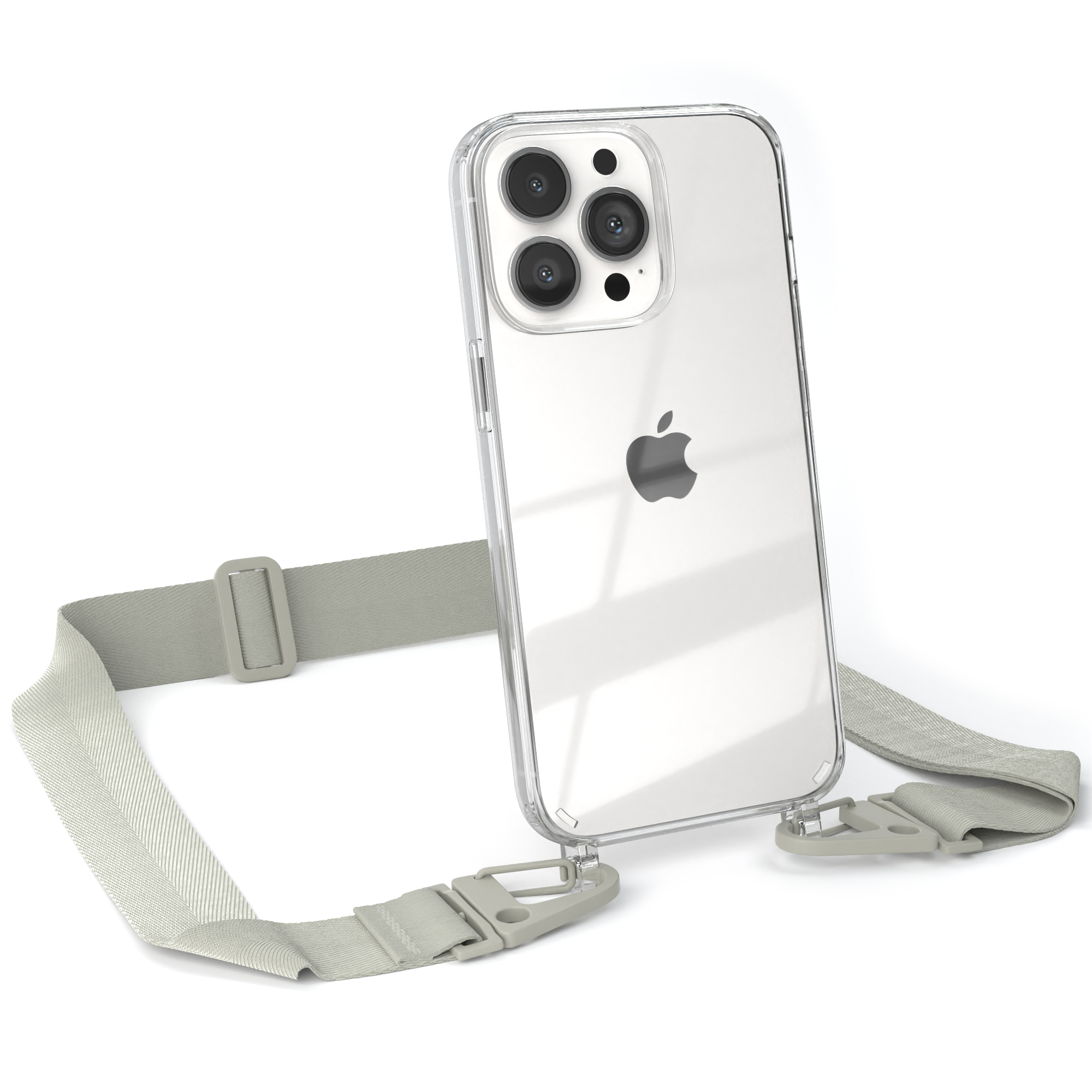 Transparente Handyhülle mit Riemen. Die Hülle ist auf weißem Hintergrund.