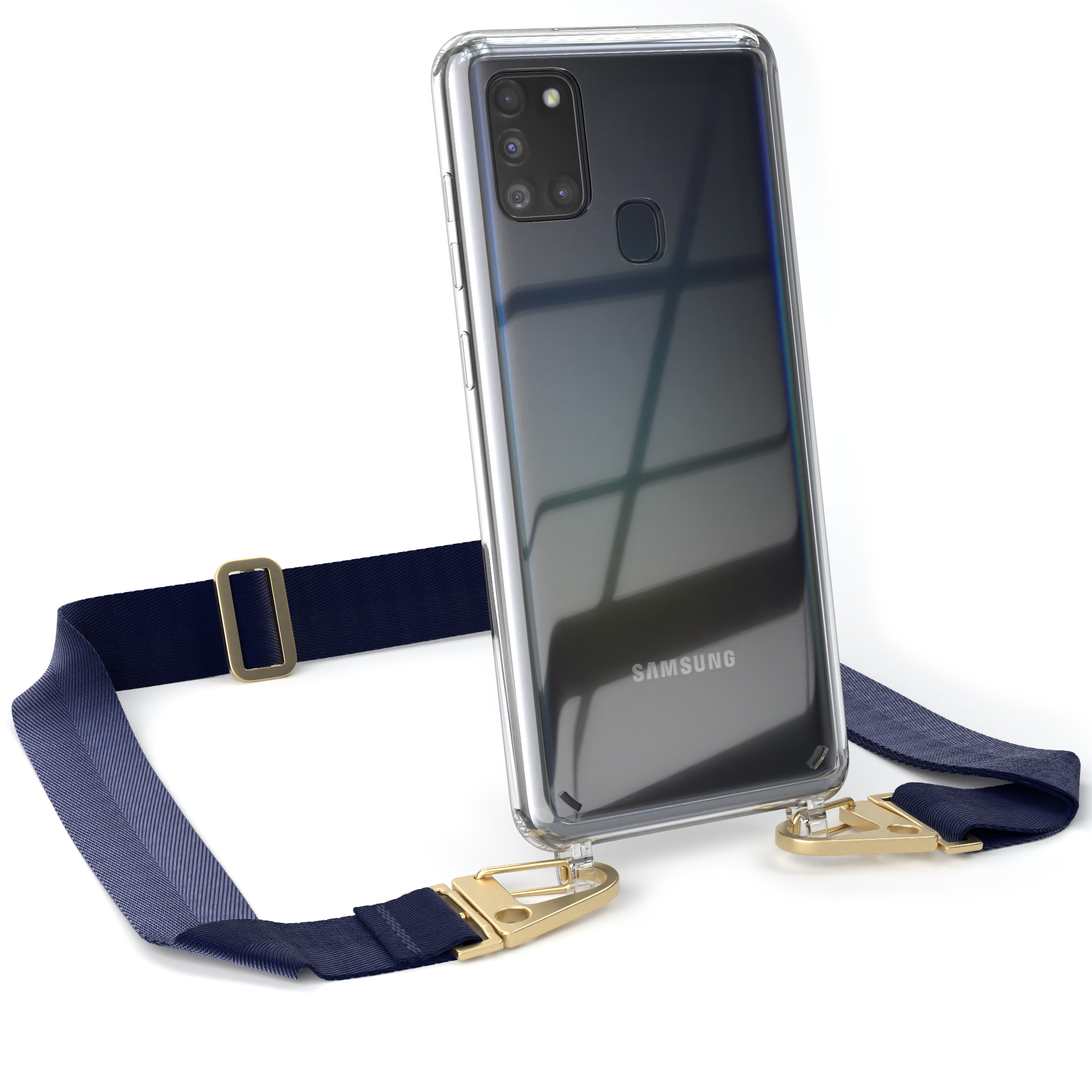 Telefon in durchsichtiger Hülle mit blauem Riemen. Weißer Hintergrund.