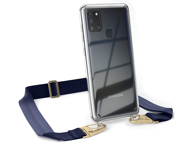 mit Transparente Handyhülle Galaxy Kordel Gold CASE breiter Umhängetasche, Blau Dunkel + A21s, Samsung, / Karabiner, EAZY