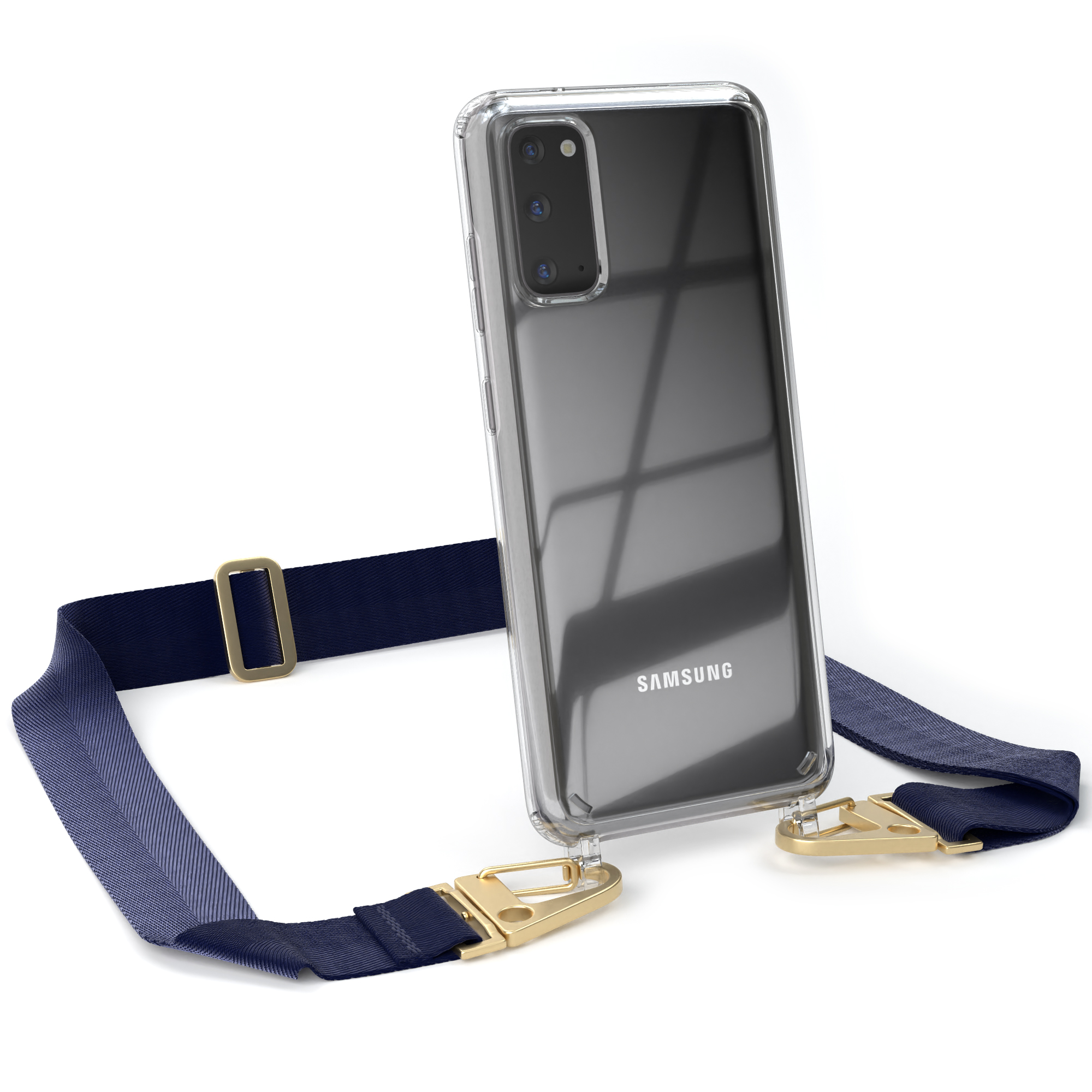 EAZY CASE Transparente Handyhülle S20, mit + Samsung, Gold Blau / Kordel Karabiner, breiter Dunkel Galaxy Umhängetasche