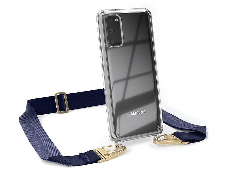 EAZY CASE Transparente Handyhülle mit Samsung, Umhängetasche, Karabiner, Galaxy S20, / Gold breiter Kordel + Dunkel Blau