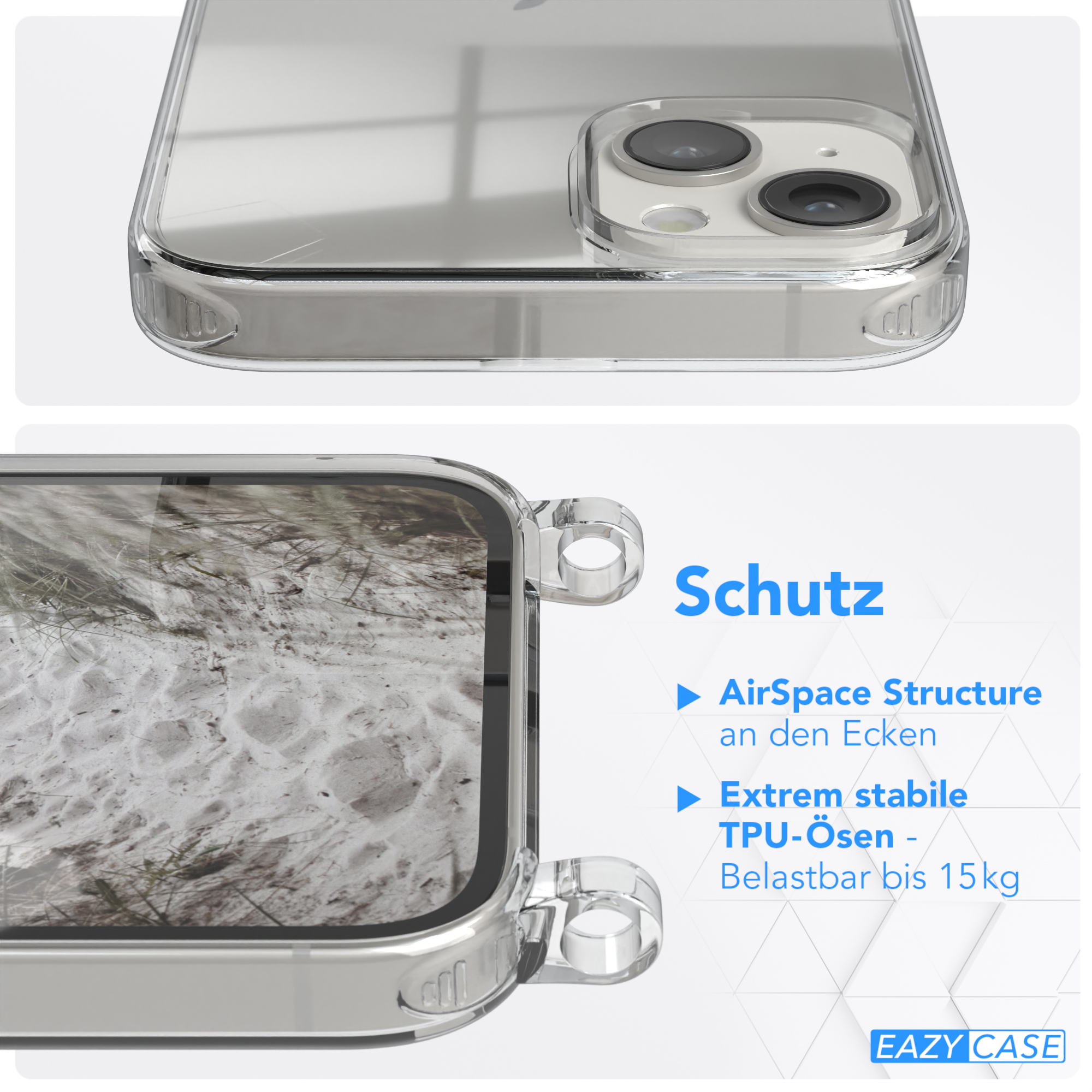 EAZY CASE Transparente Handyhülle 14 Kordel Apple, breiter Karabiner, / + iPhone mit Umhängetasche, Grau Beige Taupe Plus