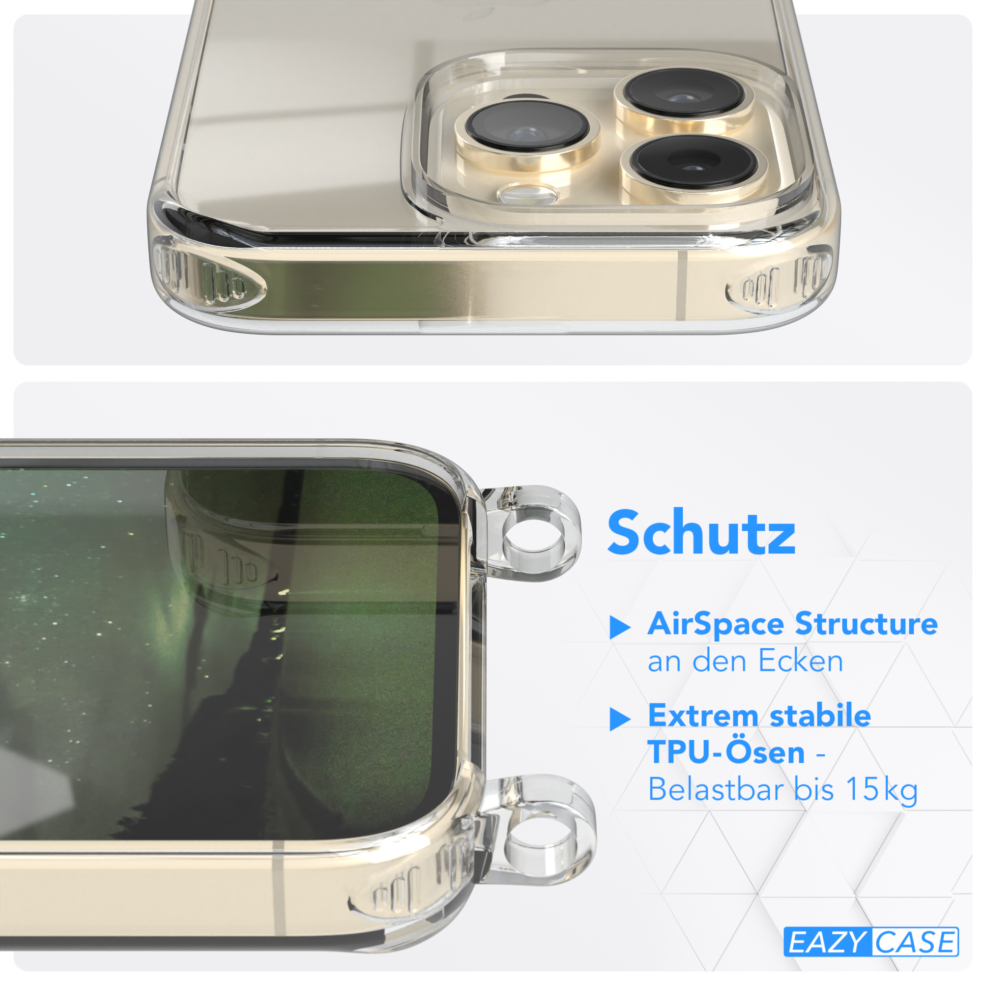 Transparente Handyhülle, die die Kameras und das Design des Telefons zeigt, mit hervorgehobenen Schutzmerkmalen.