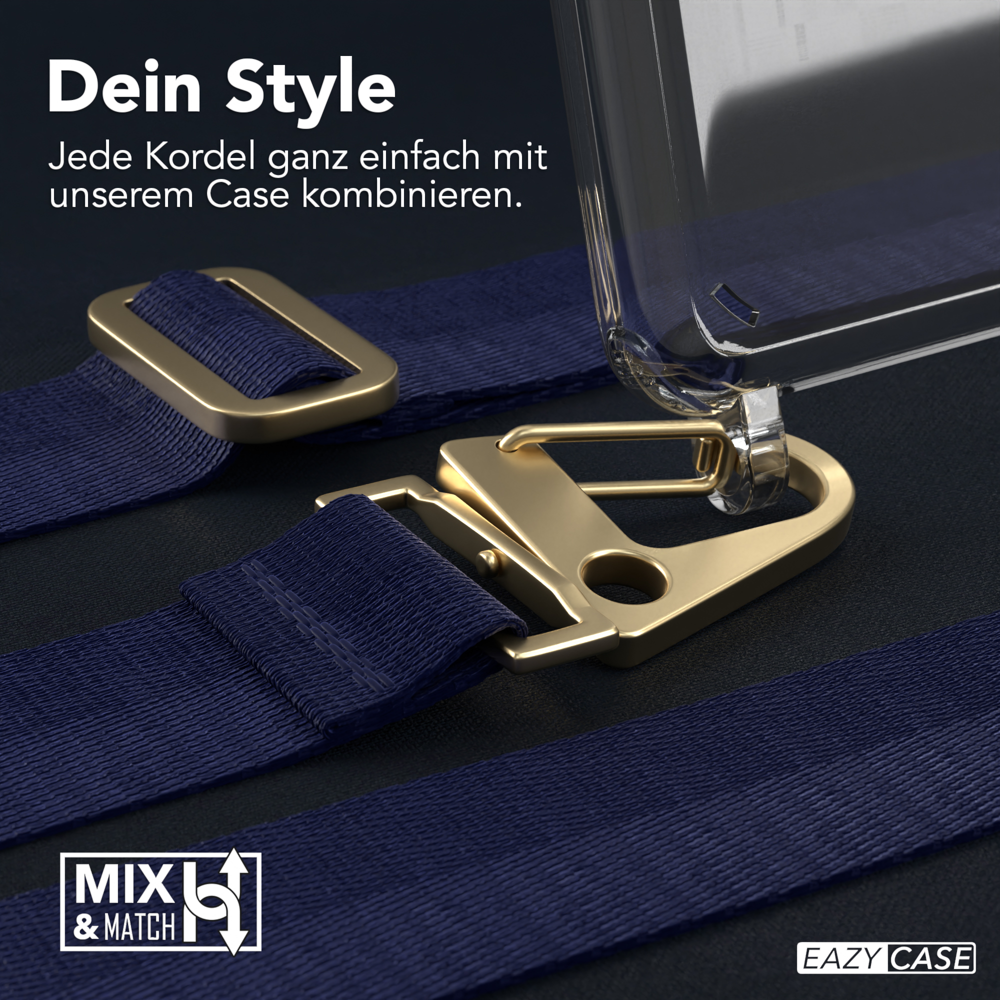 Nahaufnahme einer Handyhülle mit blauen Trägern und goldfarbenen Haken.