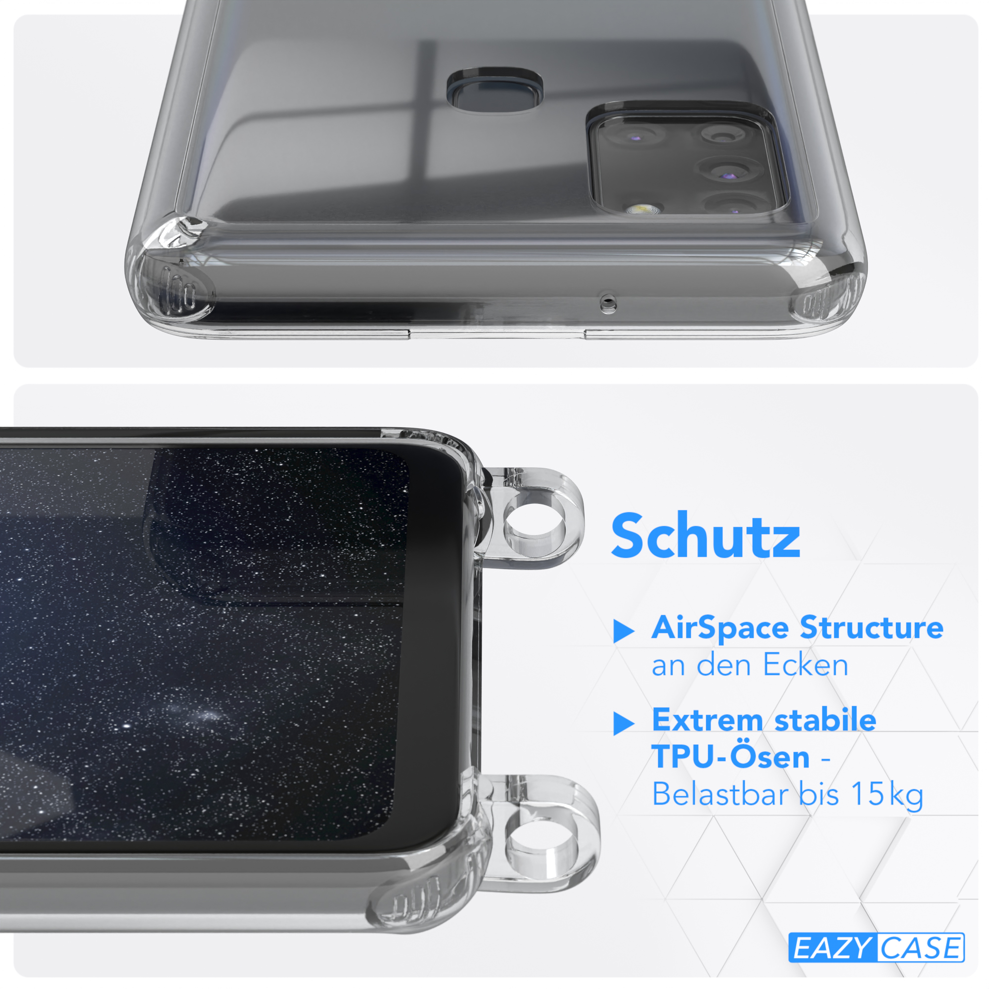 Klare Handyhülle auf einem Handy. Text: 'AirSpace Structure' und 'TPU-ösen'.