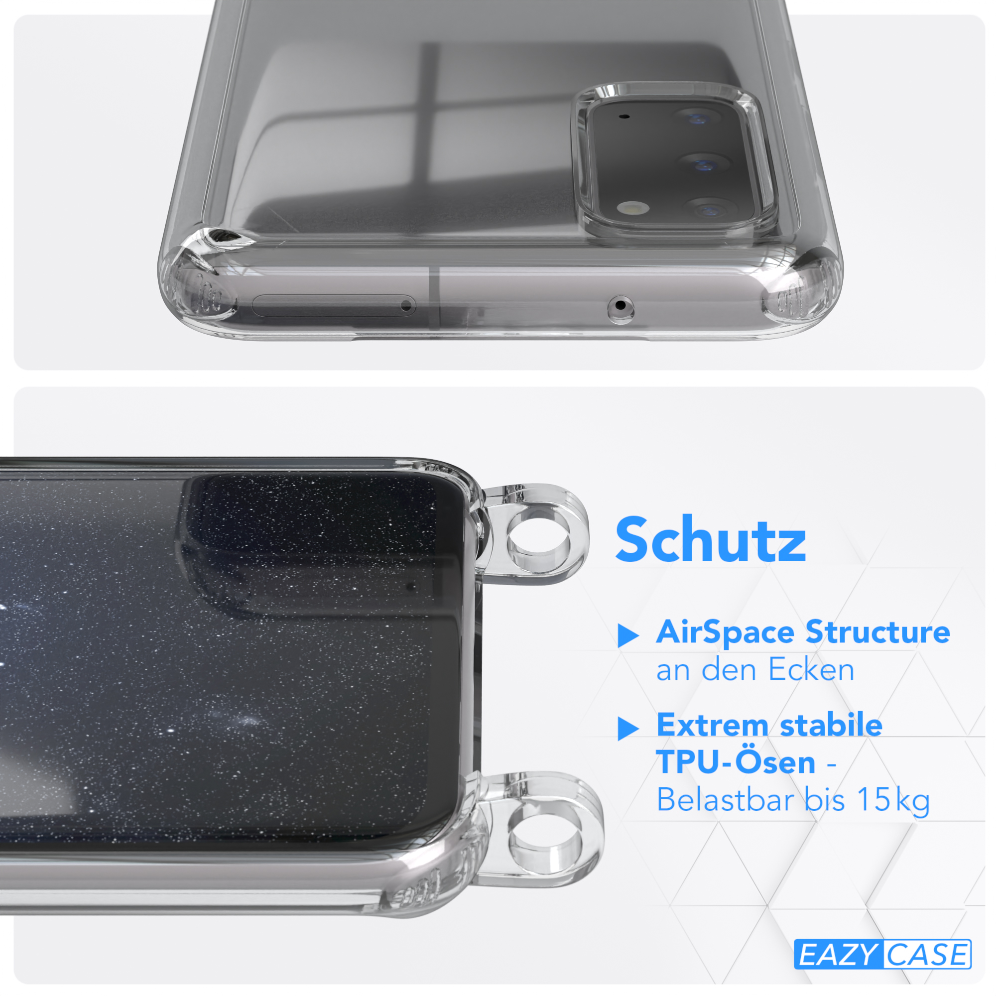 EAZY CASE Transparente Handyhülle mit Samsung, Umhängetasche, Karabiner, Galaxy S20, / Gold breiter Kordel + Dunkel Blau