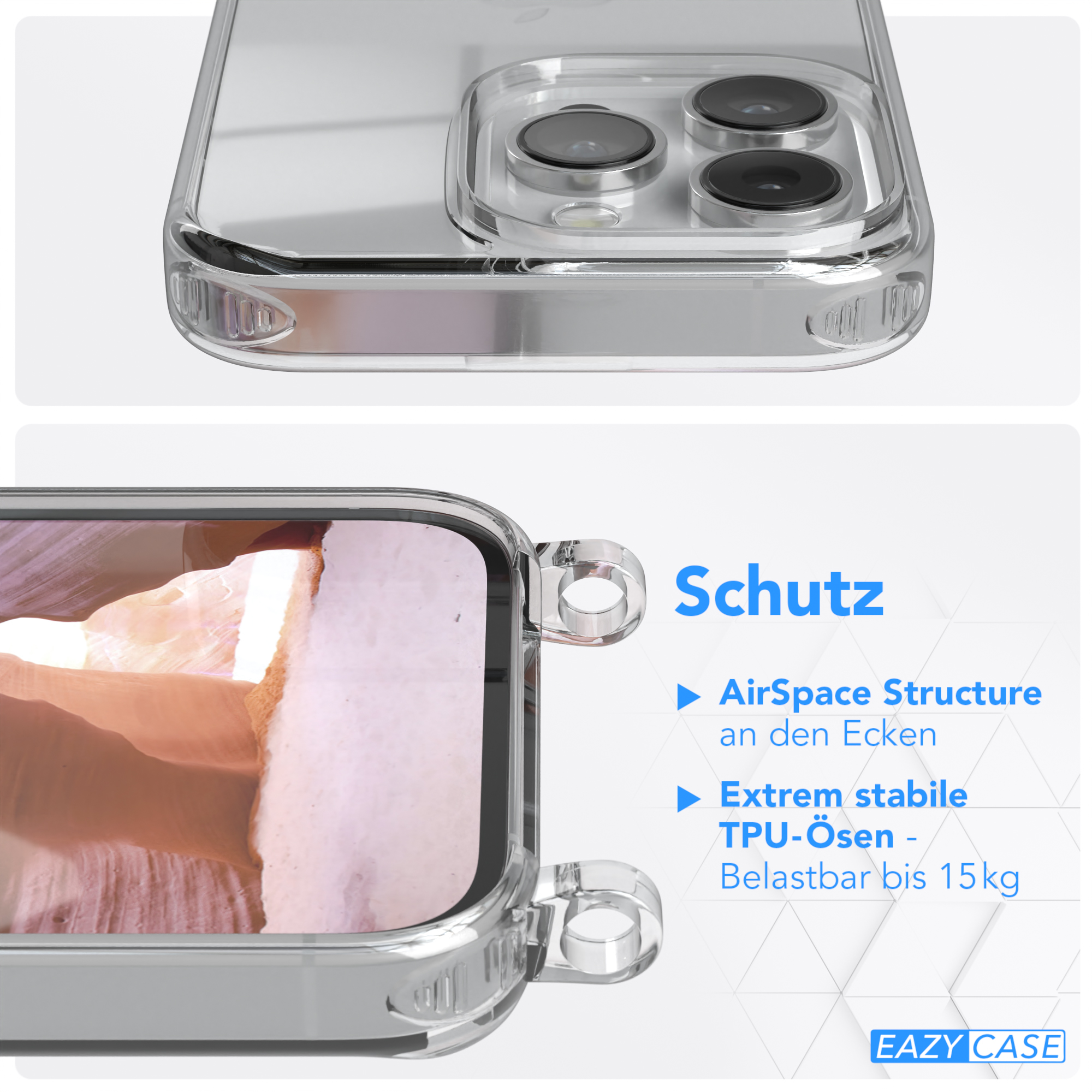 CASE + breiter Kordel 14 Apple, Handyhülle Altrosa Karabiner, iPhone mit Umhängetasche, / Pro, Coral Transparente EAZY