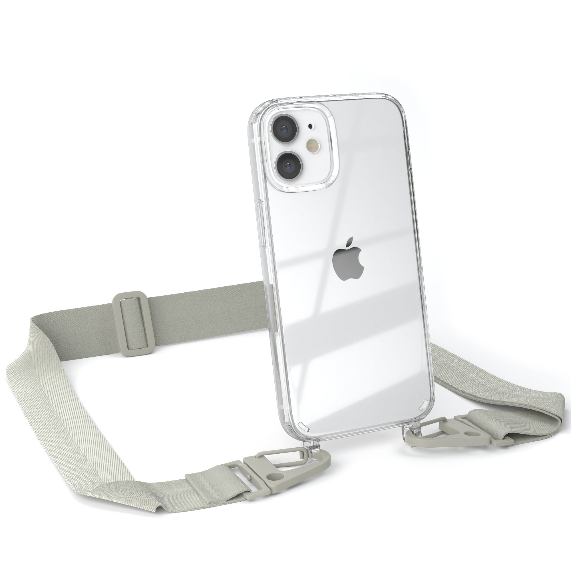 Transparente Handyhülle mit grauem Riemen. Telefon ist sichtbar. Graue Clips und Riemen.